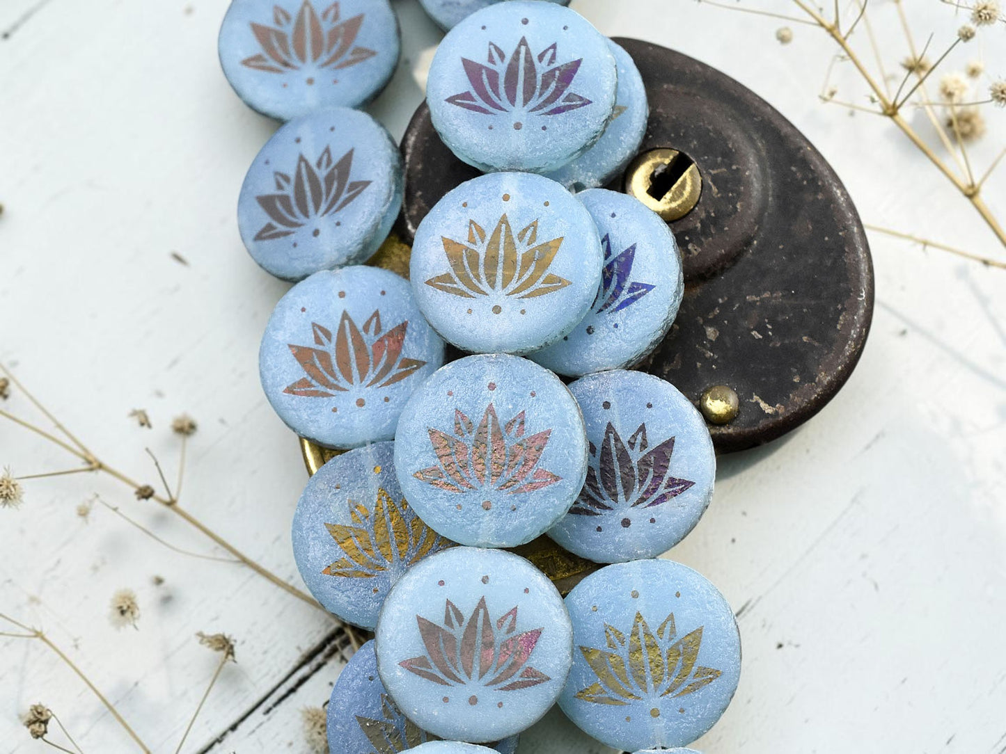 *8* 16mm Acided Etched Blue Opaline Sliperit Laser Tattoo Lotus Flower Coin Beads