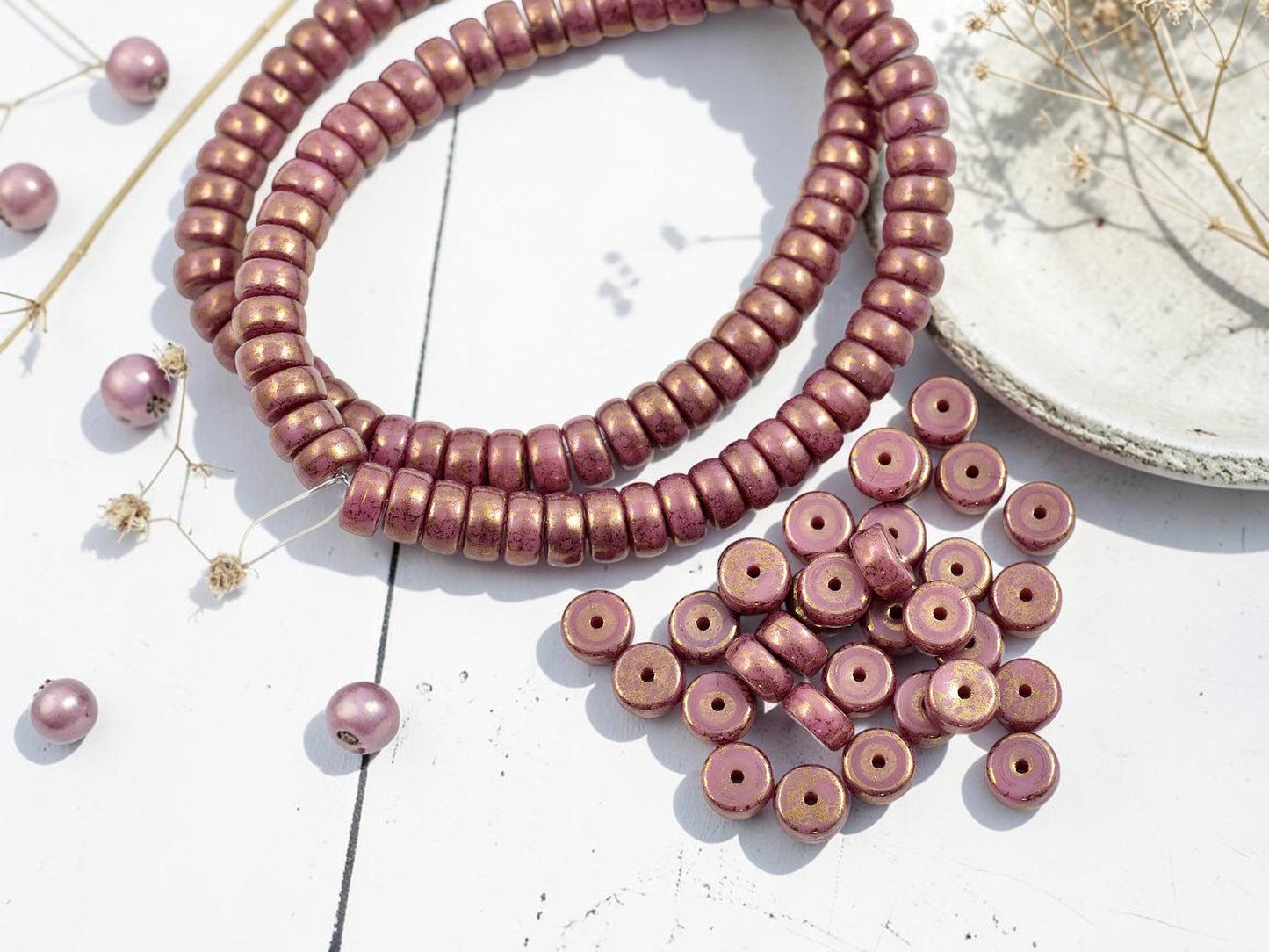 *50* 6x3mm Gold Washed Opaque Dusty Rose Pink Heishi Beads