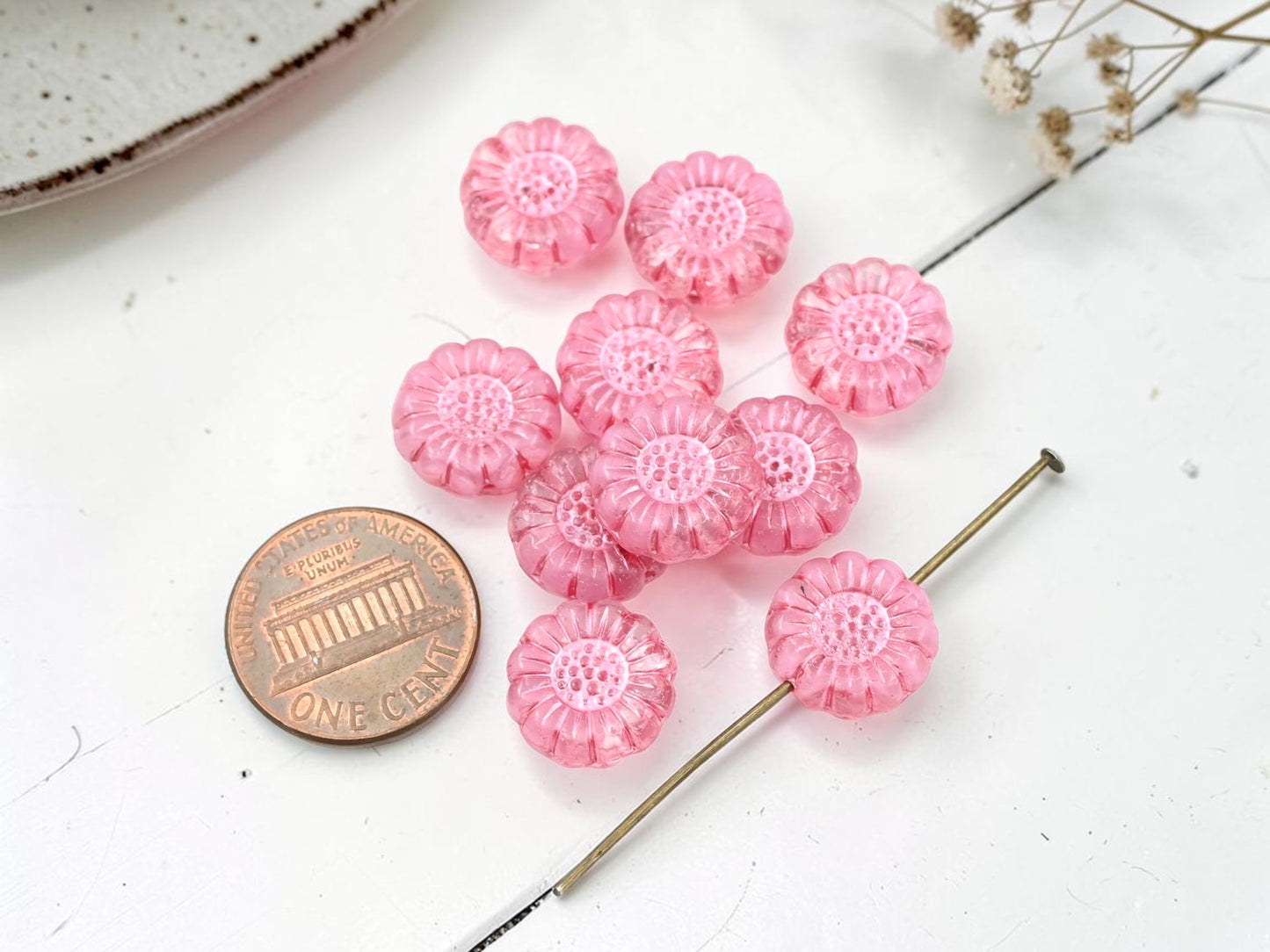 *10* 13mm Metallic Pink Washed Crystal Sunflower Coin Beads