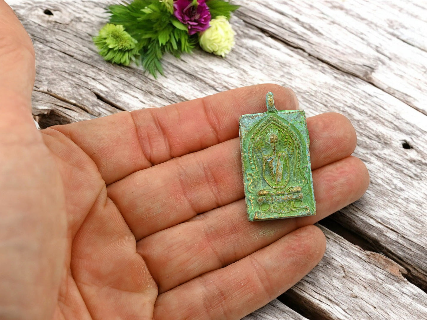 37x20mm Bronze Patina Buddha Rectangle Amulet Pendant