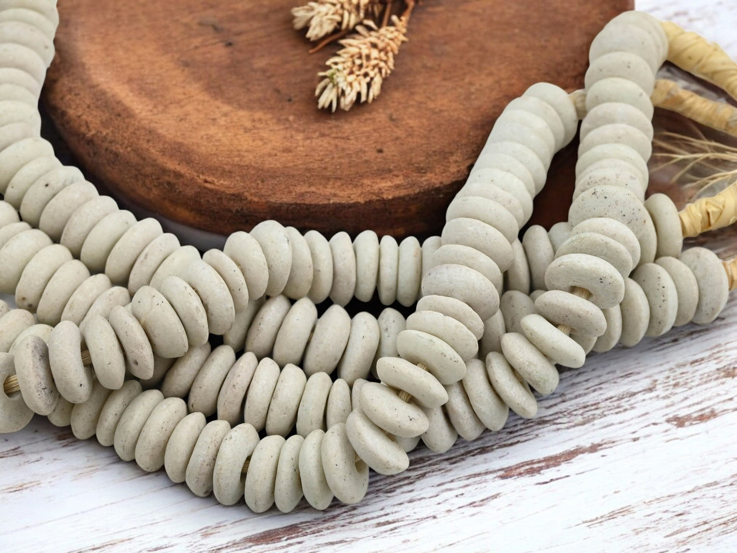 13~15mm Antique White Recycled African Glass Heishi Beads (10" Strand)