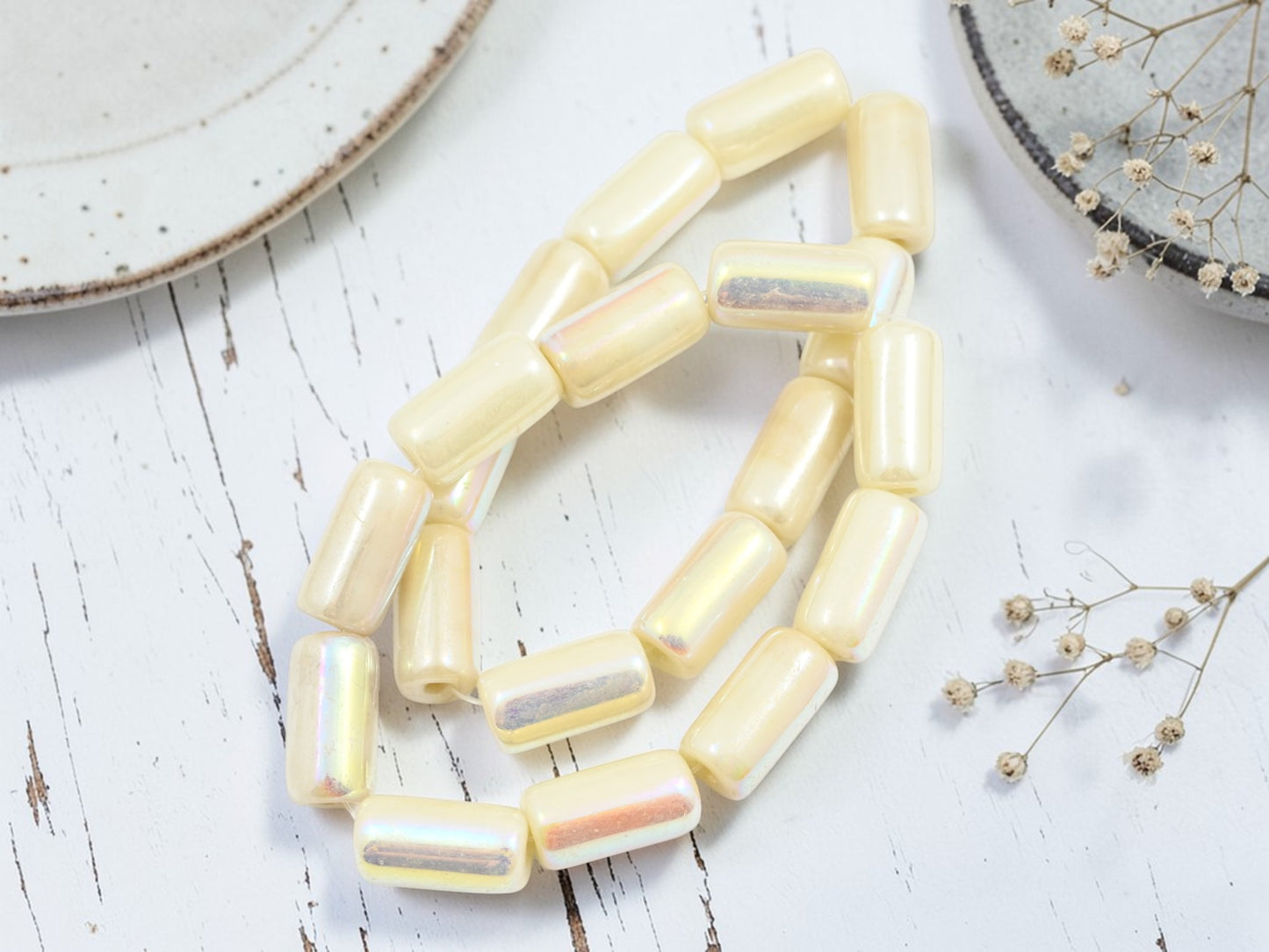 *10* 14x7mm Opaque Ivory Luster AB Tube Beads