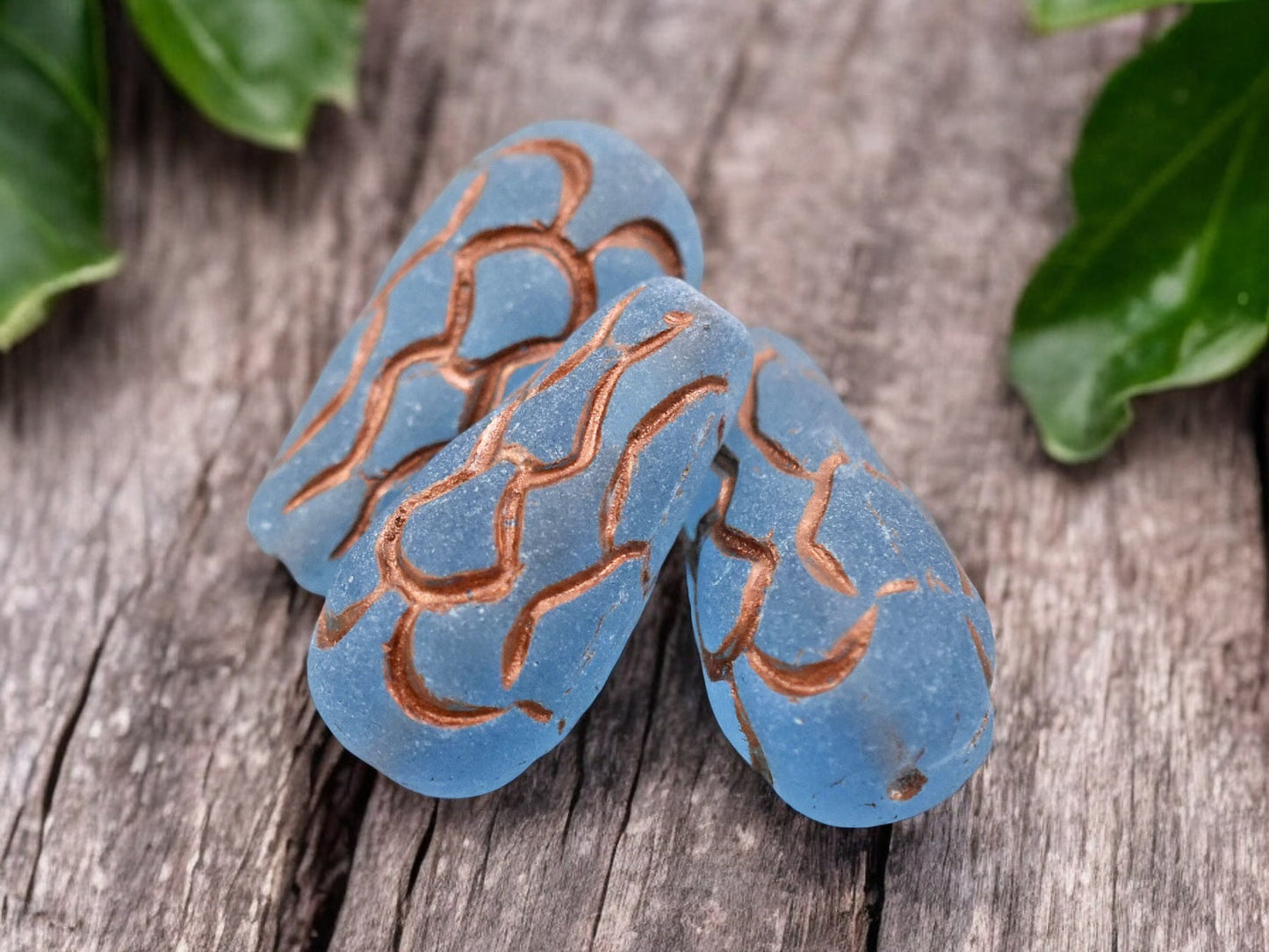 *6* 25x12mm Copper Washed Matte Transparent Capri Blue Mermaid Scale Large Drop Beads