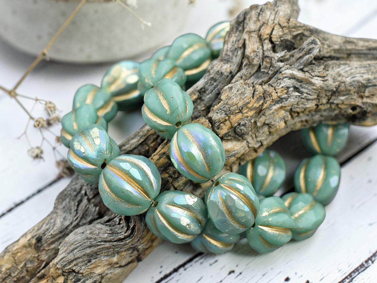 *12* 10mm Gold Washed Turquoise AB Faceted Round Melon Beads