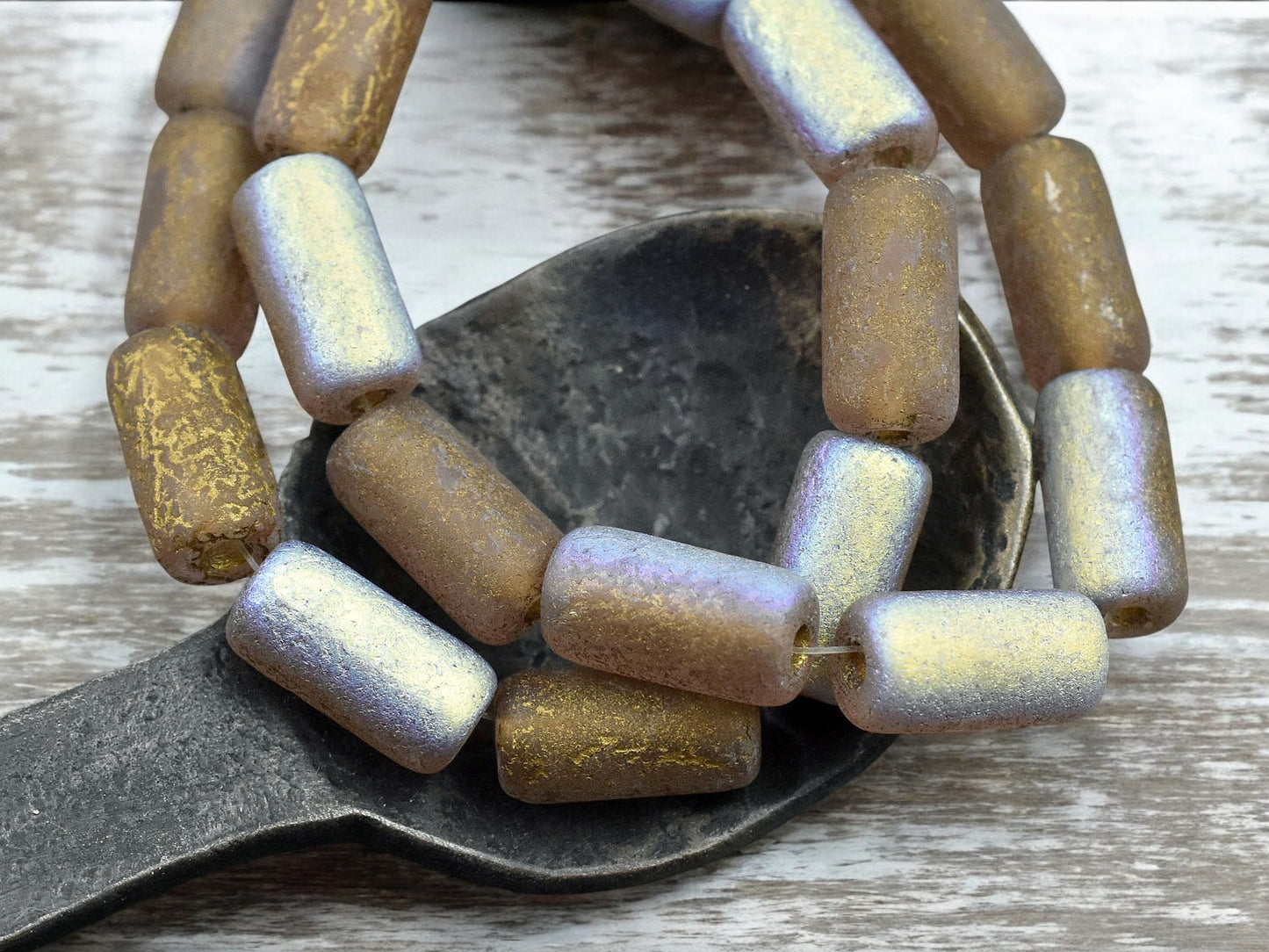 *10* 14x7mm Gold Washed Etched Brown Topaz AB Large Hole Tube Beads