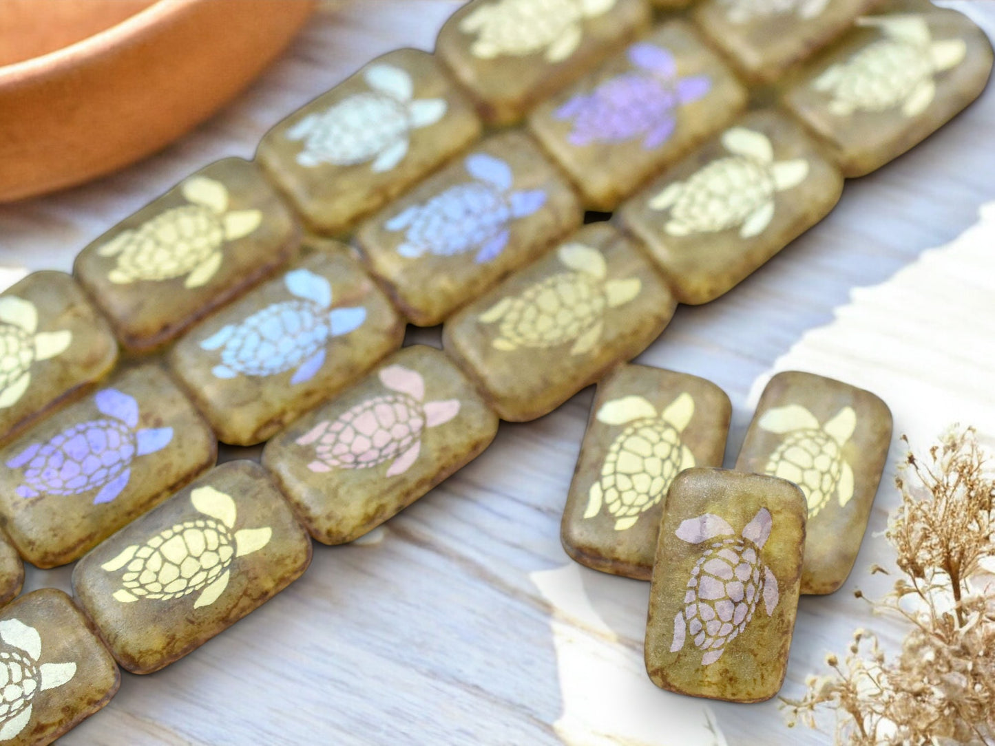 *6* 18x12mm Matte Crystal Picasso Laser Tattoo Rectangle Turtle Beads