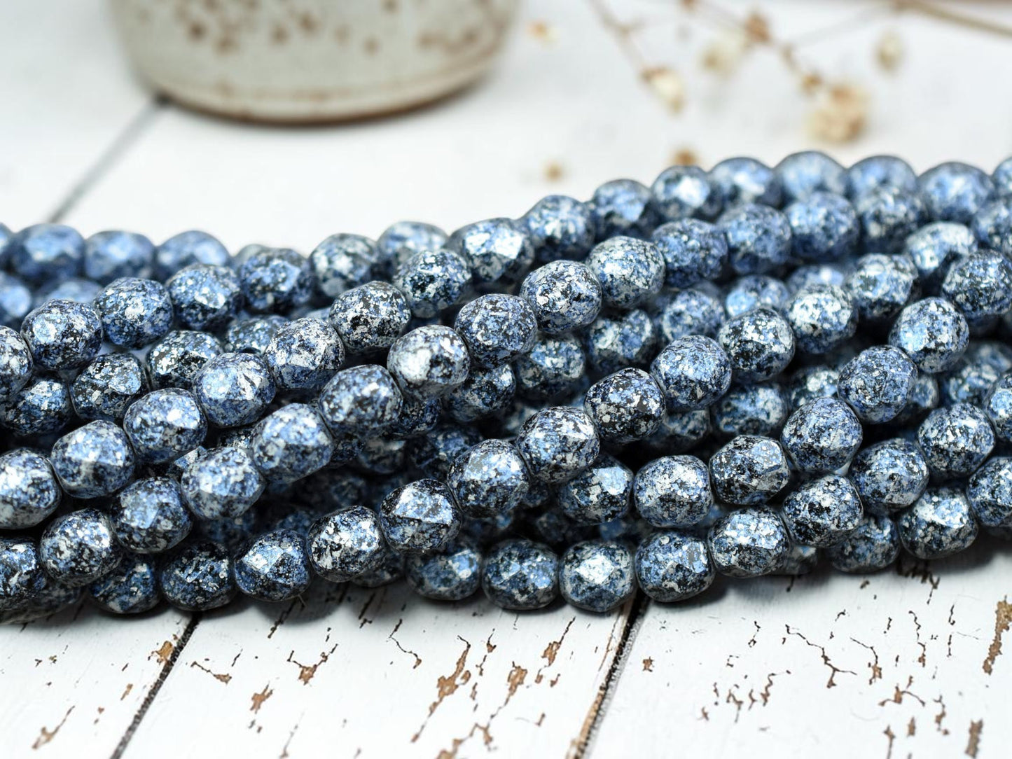 *25* 6mm Blue Speckled Jet Metallic Silver Fire Polished Round Beads