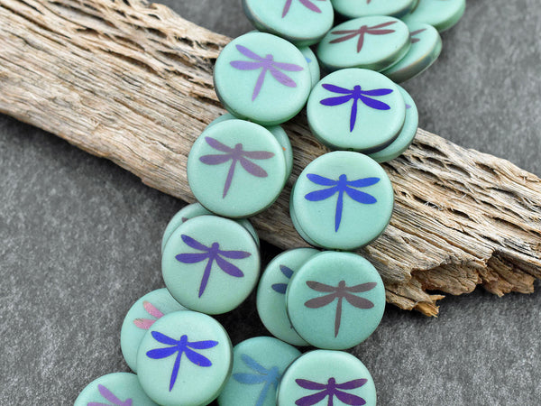 *8* 16mm Etched Matte Satin Turquoise Metallic Iris Dragonfly Coin Beads