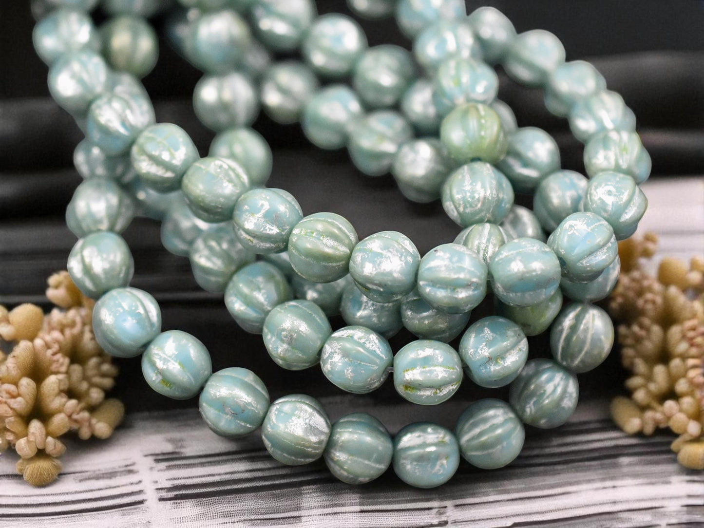 *25* 6mm Blue Turquoise Picasso Fluted Round Melon Beads