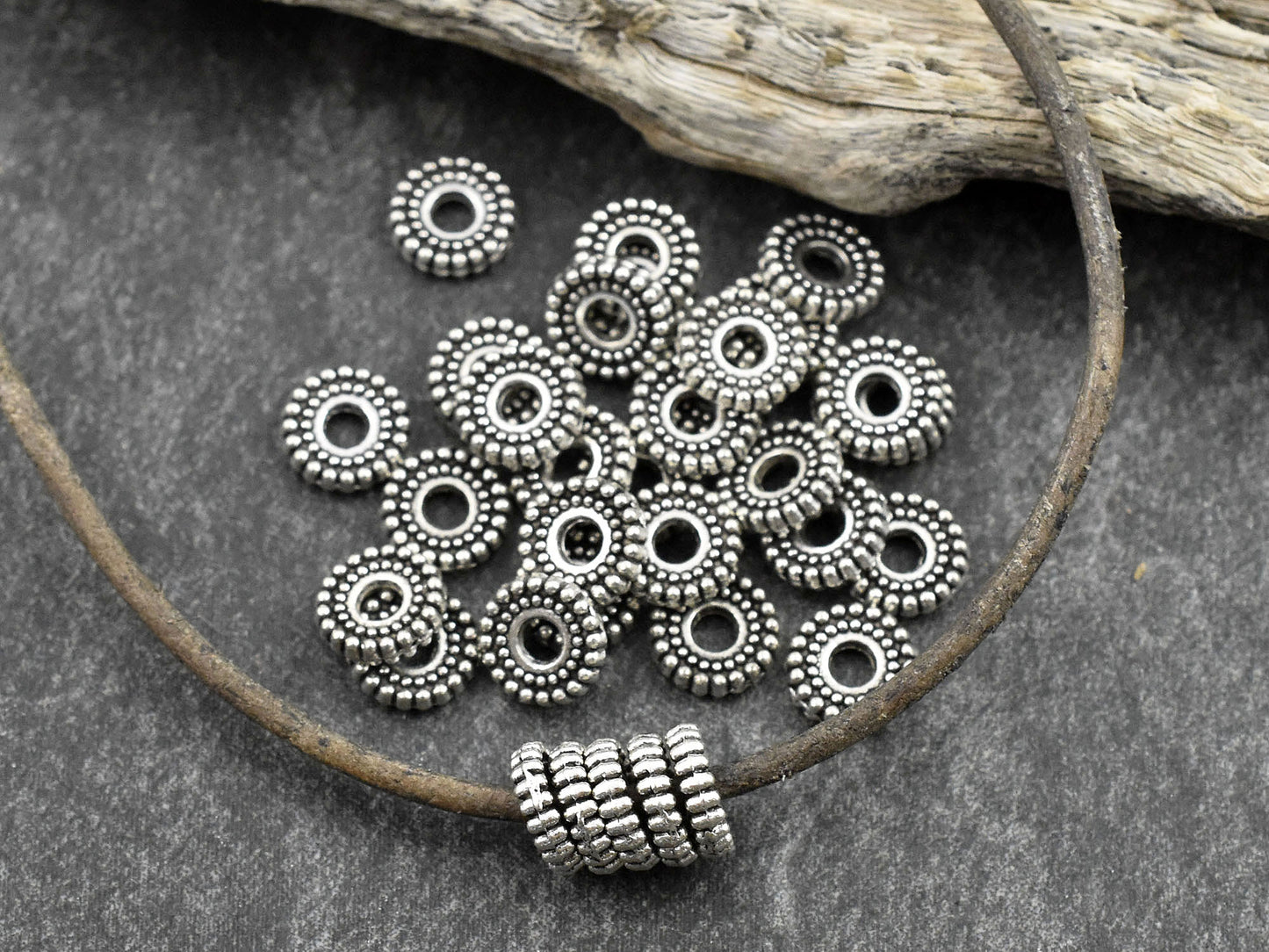 *50* 7x2mm Antique Silver Ridged Rondelle Beads
