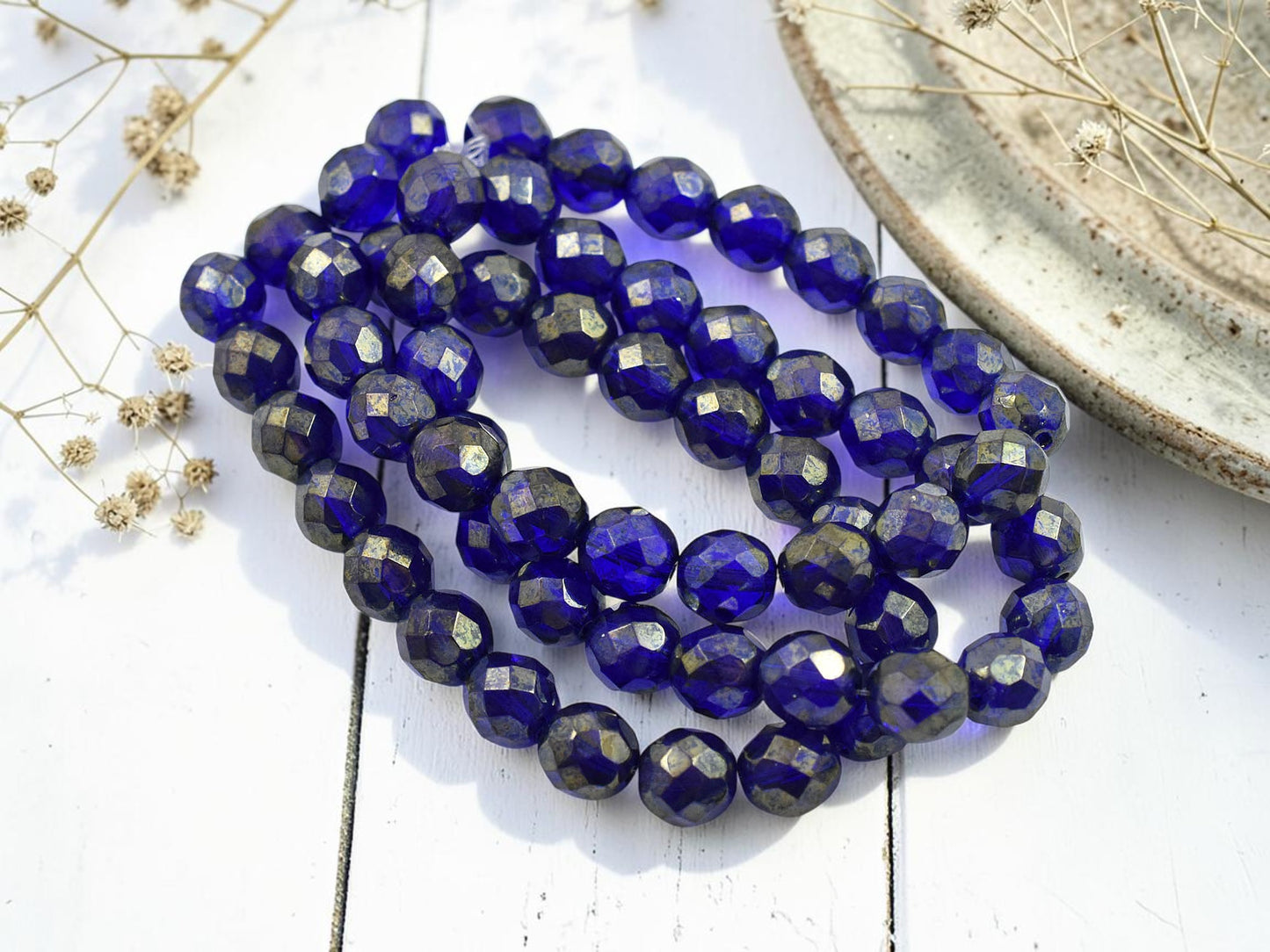 *20* 8mm Gold Lustered Cobalt Fire Polished Round Beads