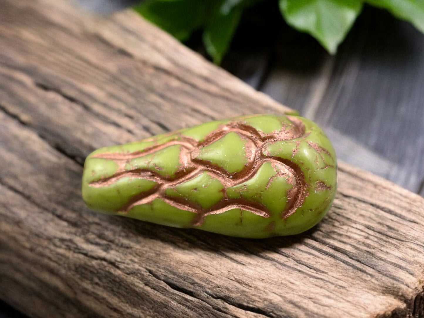 *6* 25x12mm Copper Washed Opaque Olive Green Mermaid Scale Large Drop Beads