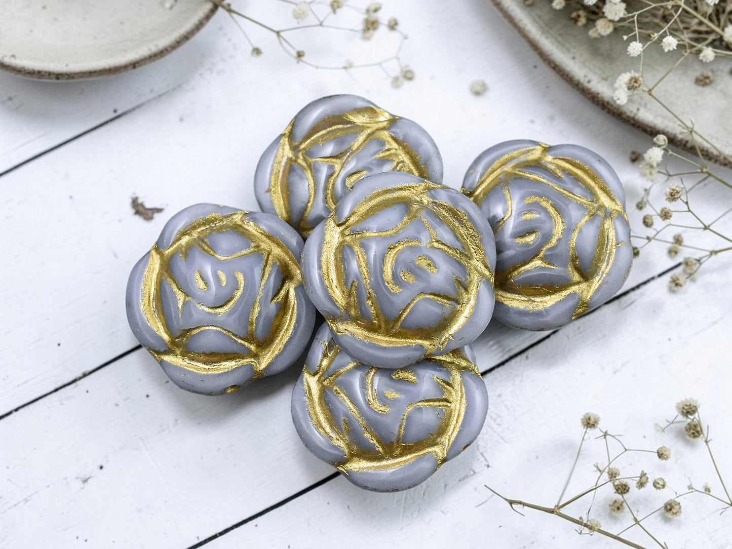 *6* 17mm Bronze Washed Gray Silk Rose Flower Coin Beads