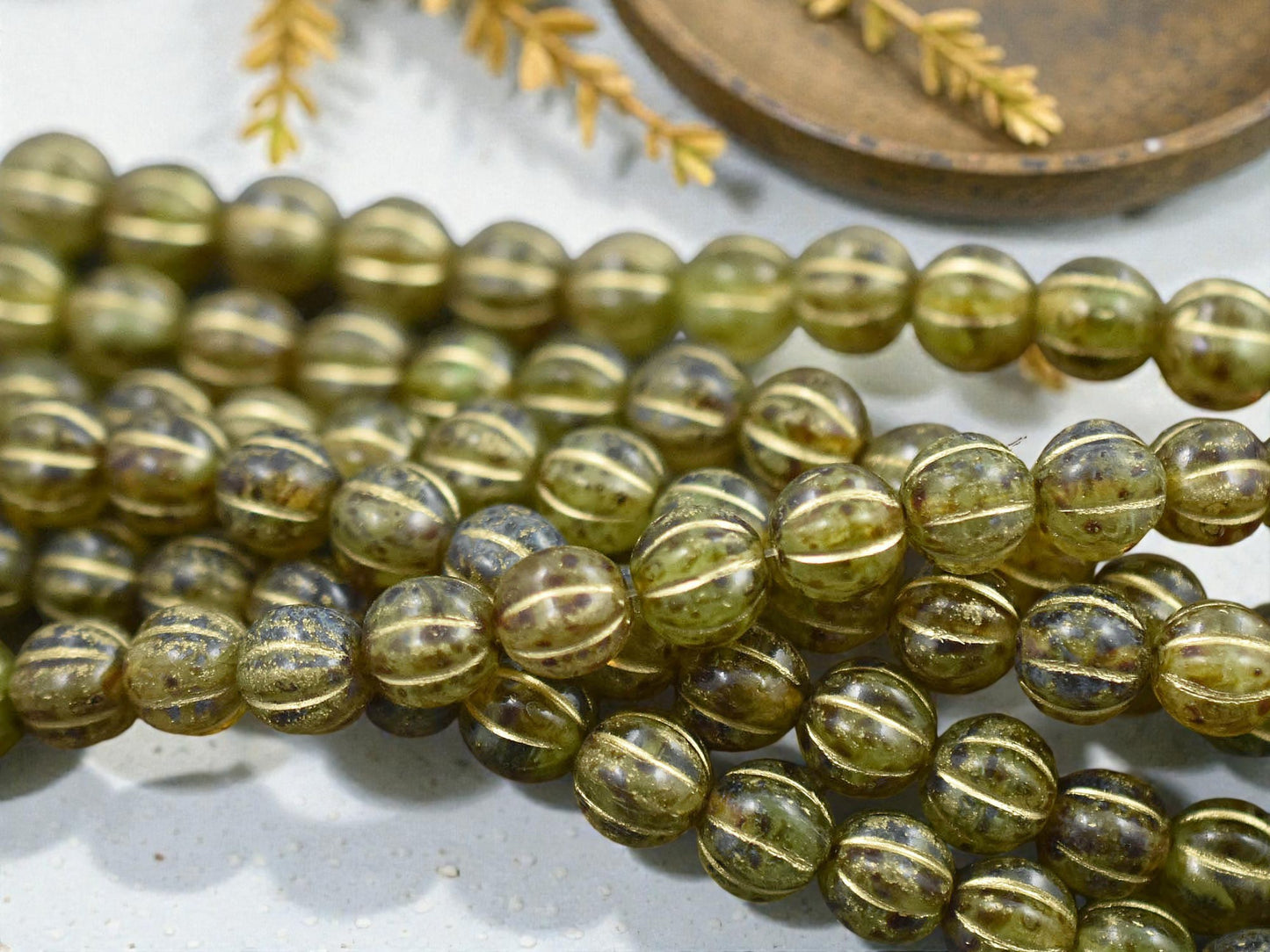 *16* 8mm Gold Washed Green Amber Picasso Round Melon Beads