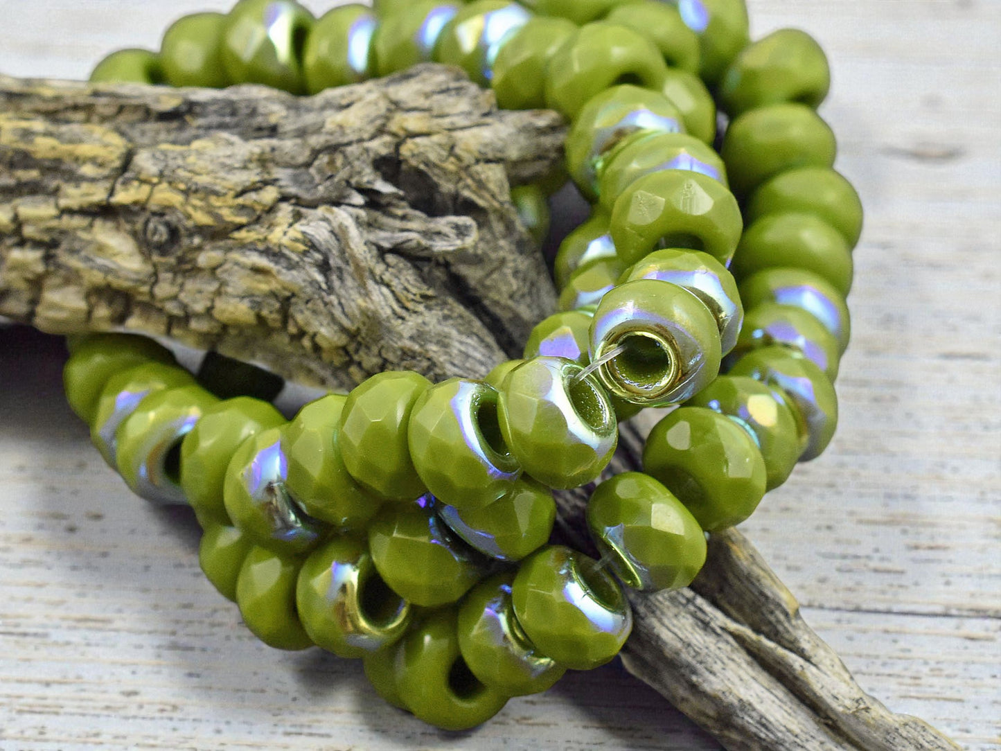 *25* 6x9mm Opaque Avocado Green AB Faceted Large Hole Rondelle Roller Beads
