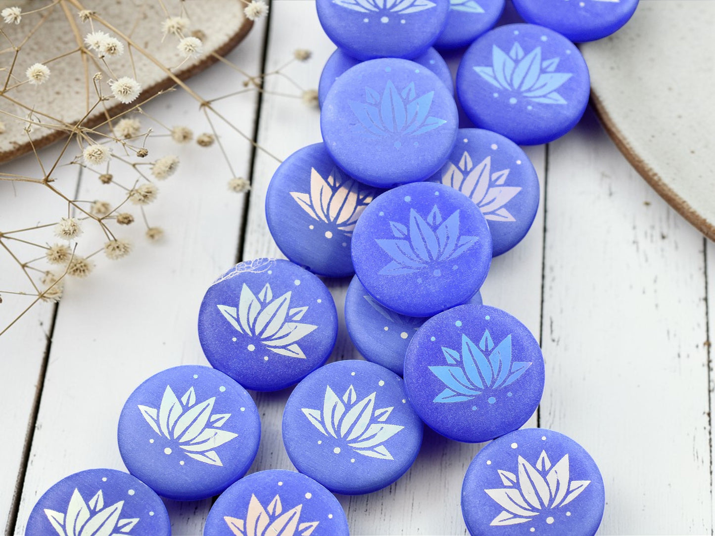 *8* 17mm Periwinkle AB Laser Tattoo Lotus Flower Coin Beads