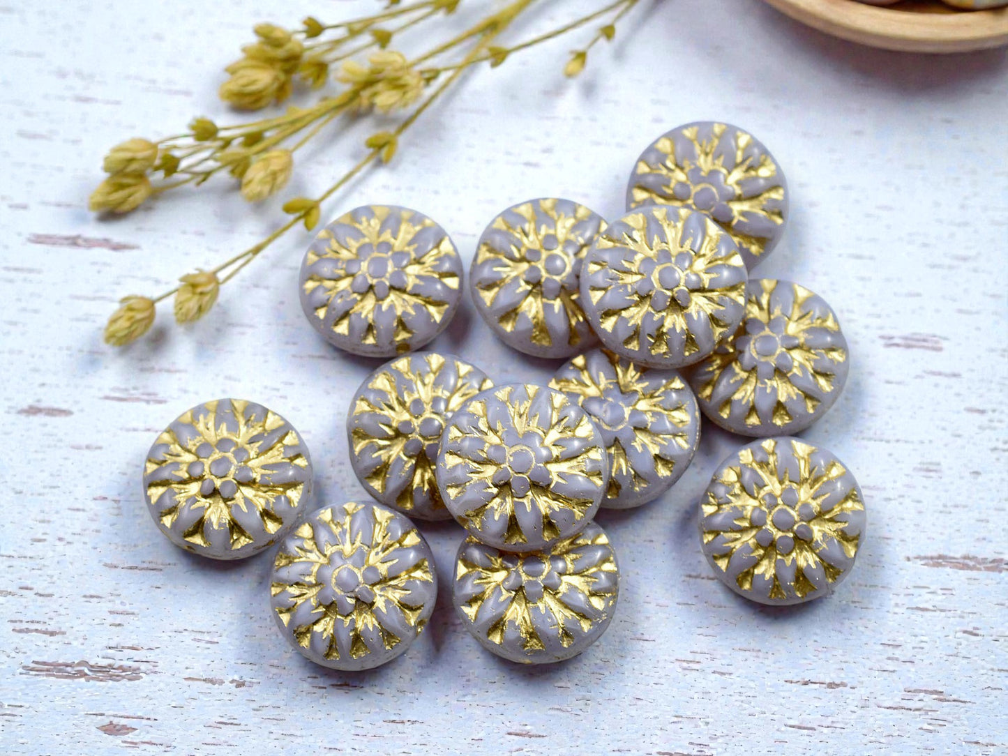 *12* 15mm Gold Washed Lilac Opaline Dahlia Flower Coin Beads
