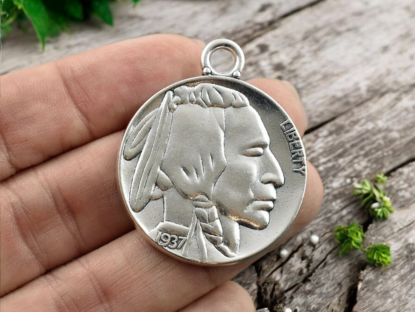 *5* 40x33mm Antique Silver Indian Head Buffalo Coin Pendants