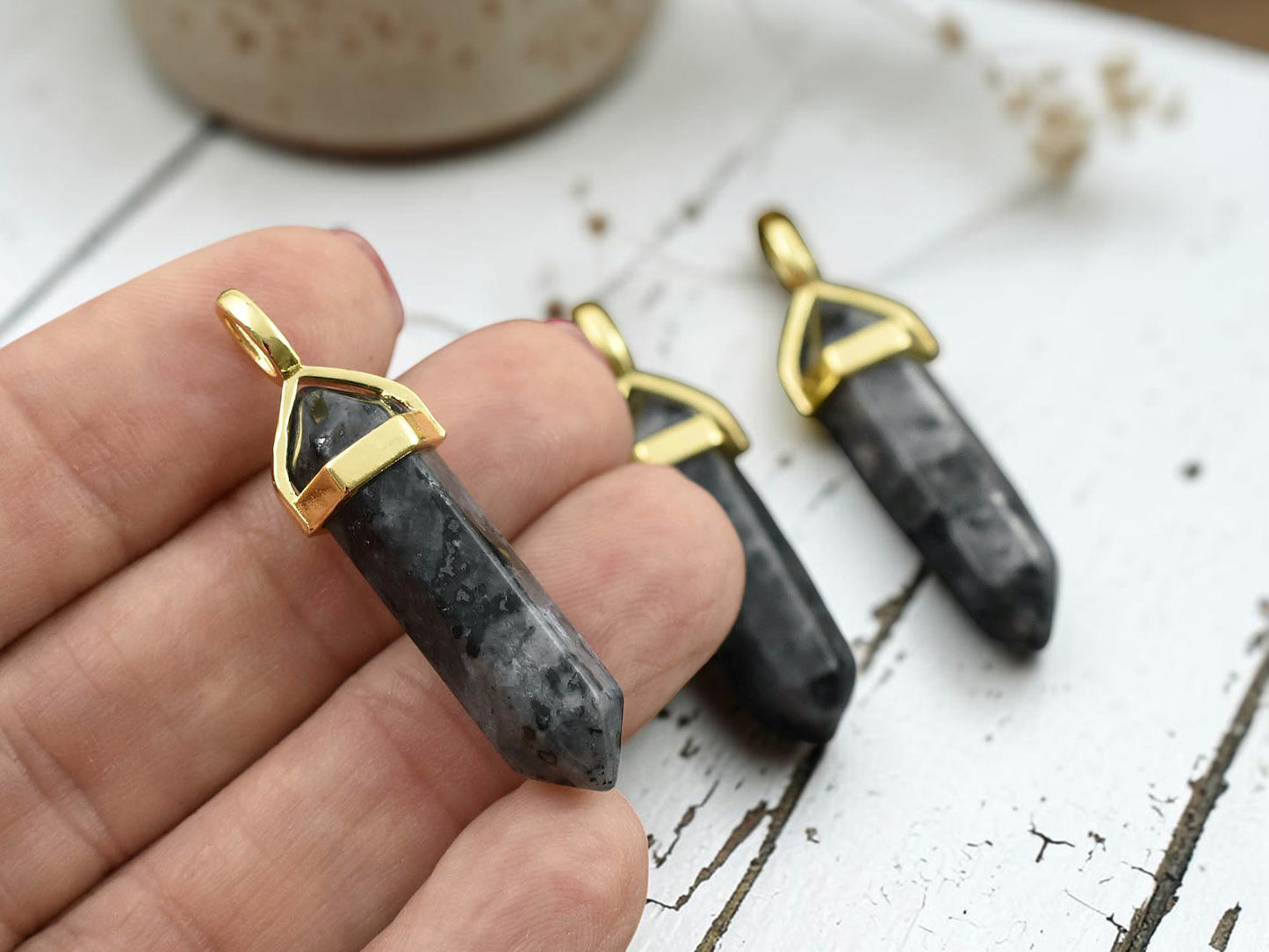 40mm Gold Tone Natural Larvikite Double Terminated Bullet Pendant