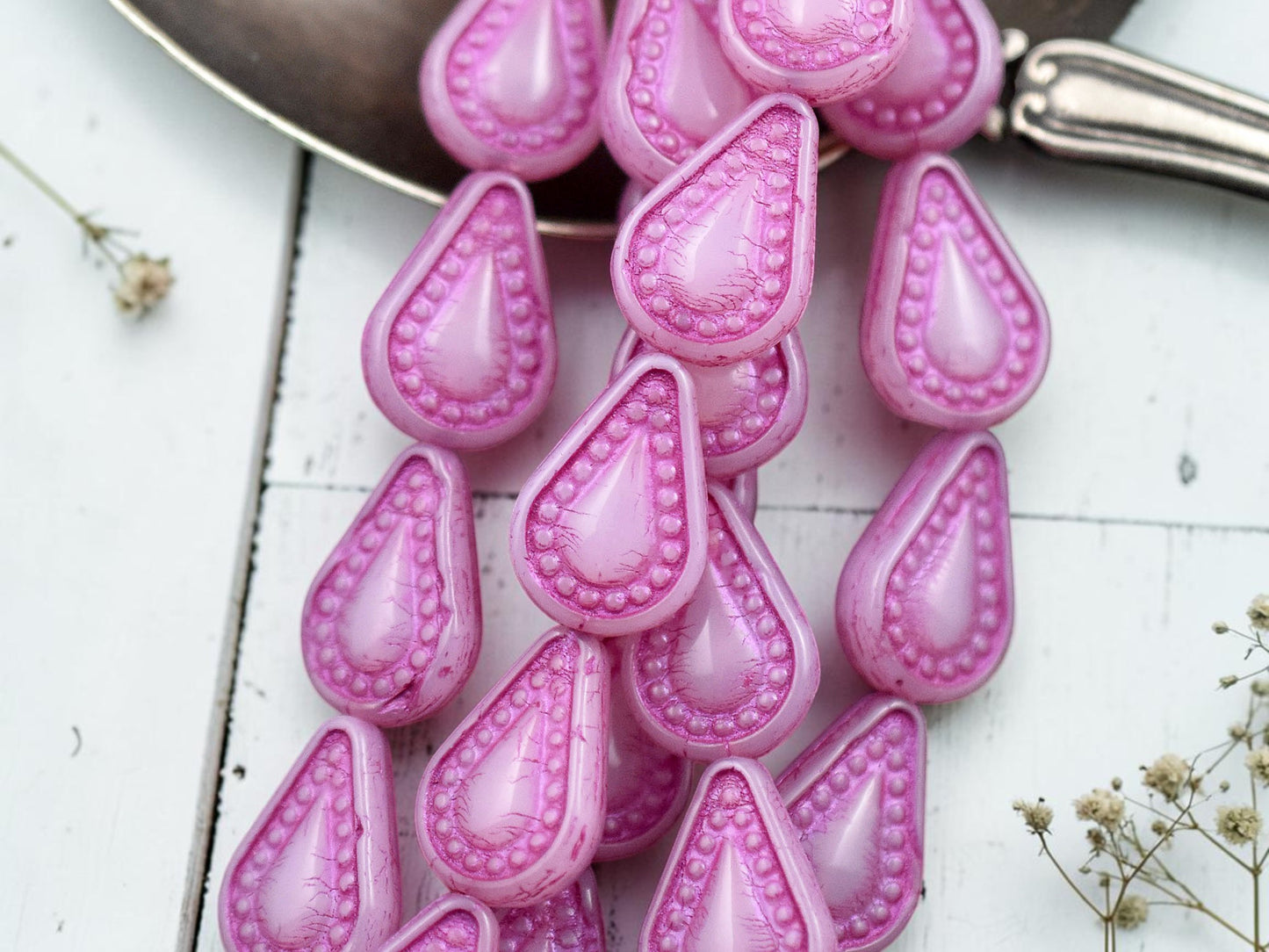 *10* 14x10mm Dark Pink Washed Pink Opaline Filigree Tear Drop Beads