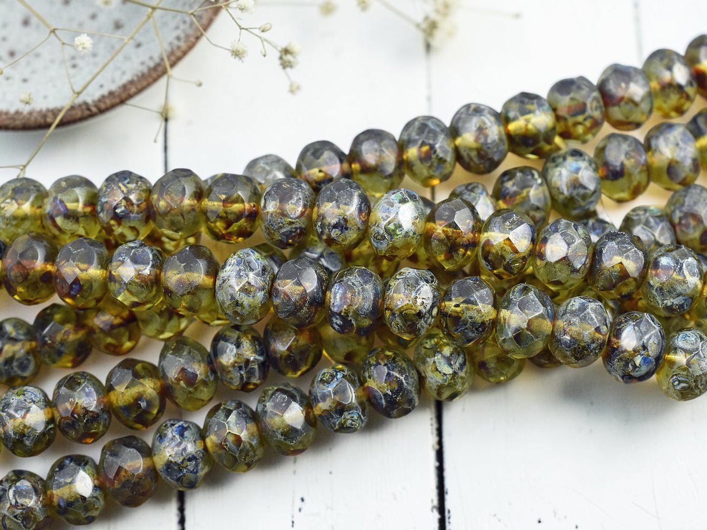 *31* 6x9mm Olivine Picasso Fire Polished Rondelle Beads