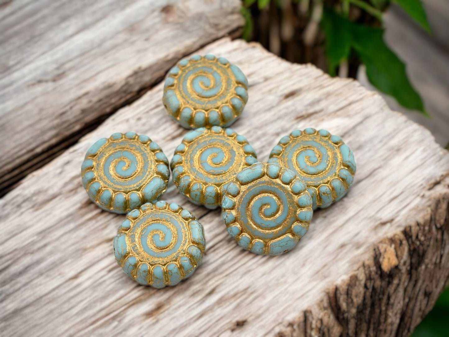 *6* 16mm Gold Washed Matte Turquoise Spiral Coin Beads