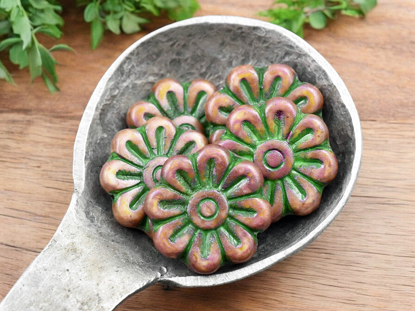 *6* 18mm Green Washed Rose Pink Alabaster Daisy Flower Beads