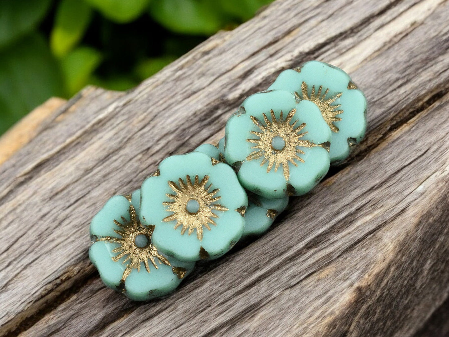 *12* 12mm Gold Washed Opaque Turquoise Hawaiian Flower Beads
