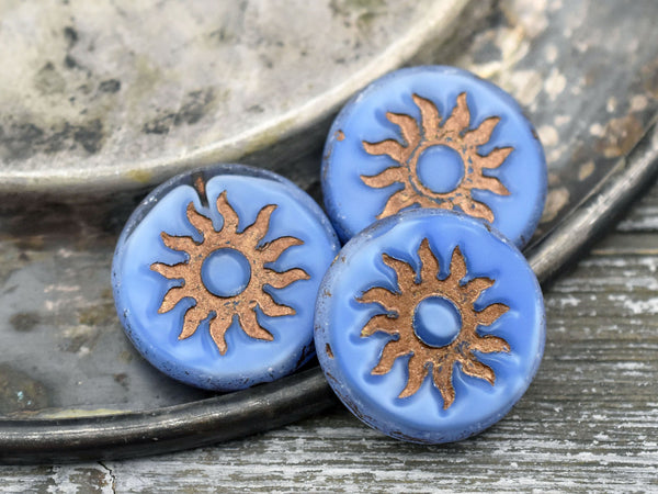 *2* 21mm Bronze Washed Matte Cornflower Silk Table Cut Sun Design Coin Beads
