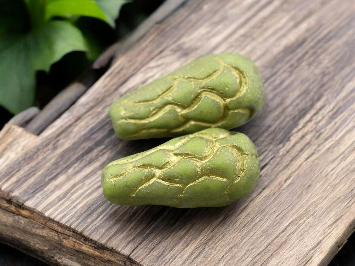 *6* 25x12mm Gold Washed Opaque Matte Olive Green Mermaid Scale Large Drop Beads