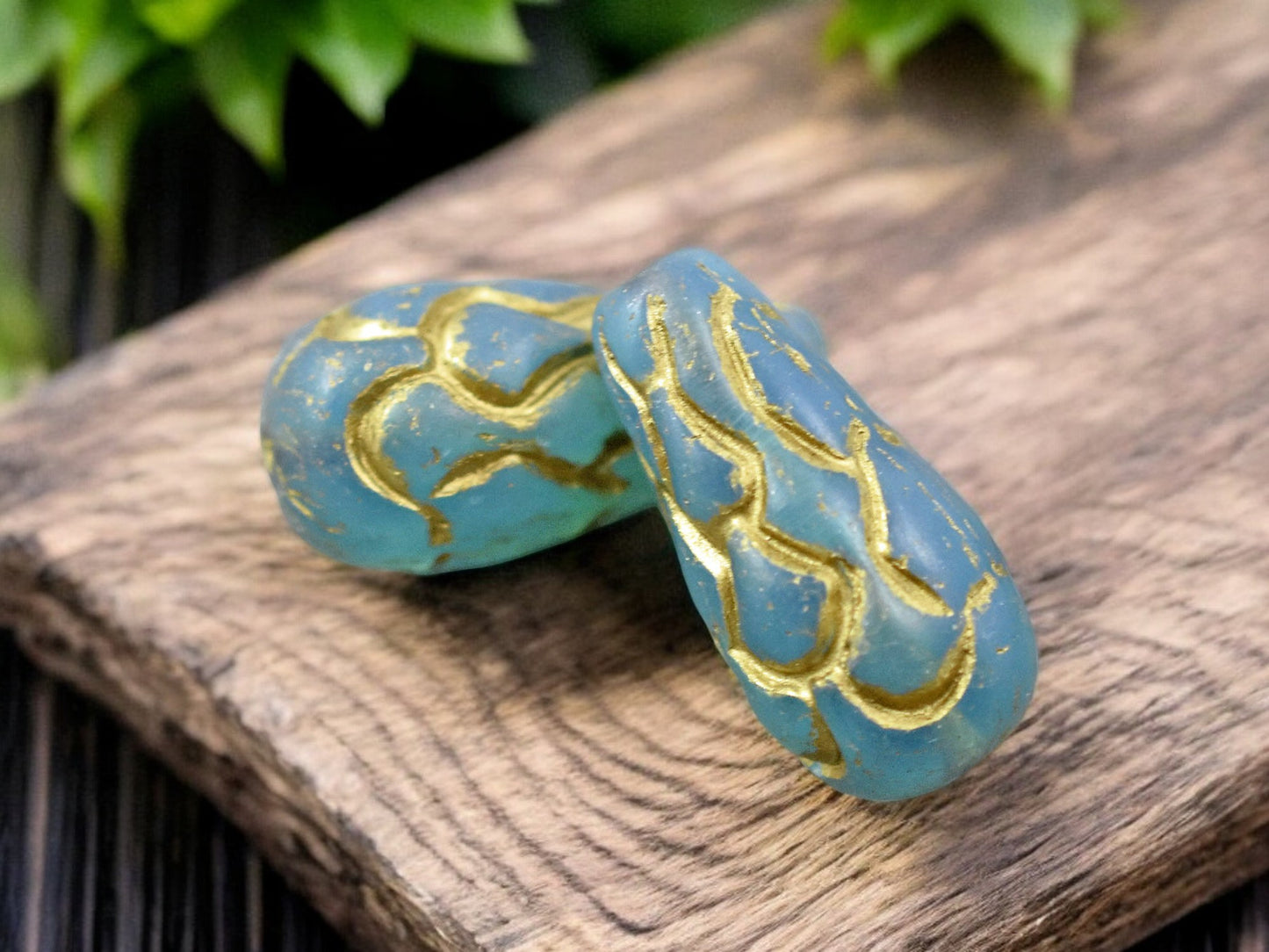 *6* 25x12mm Gold Washed Blue Aqua Opal Mermaid Scale Large Drop Beads