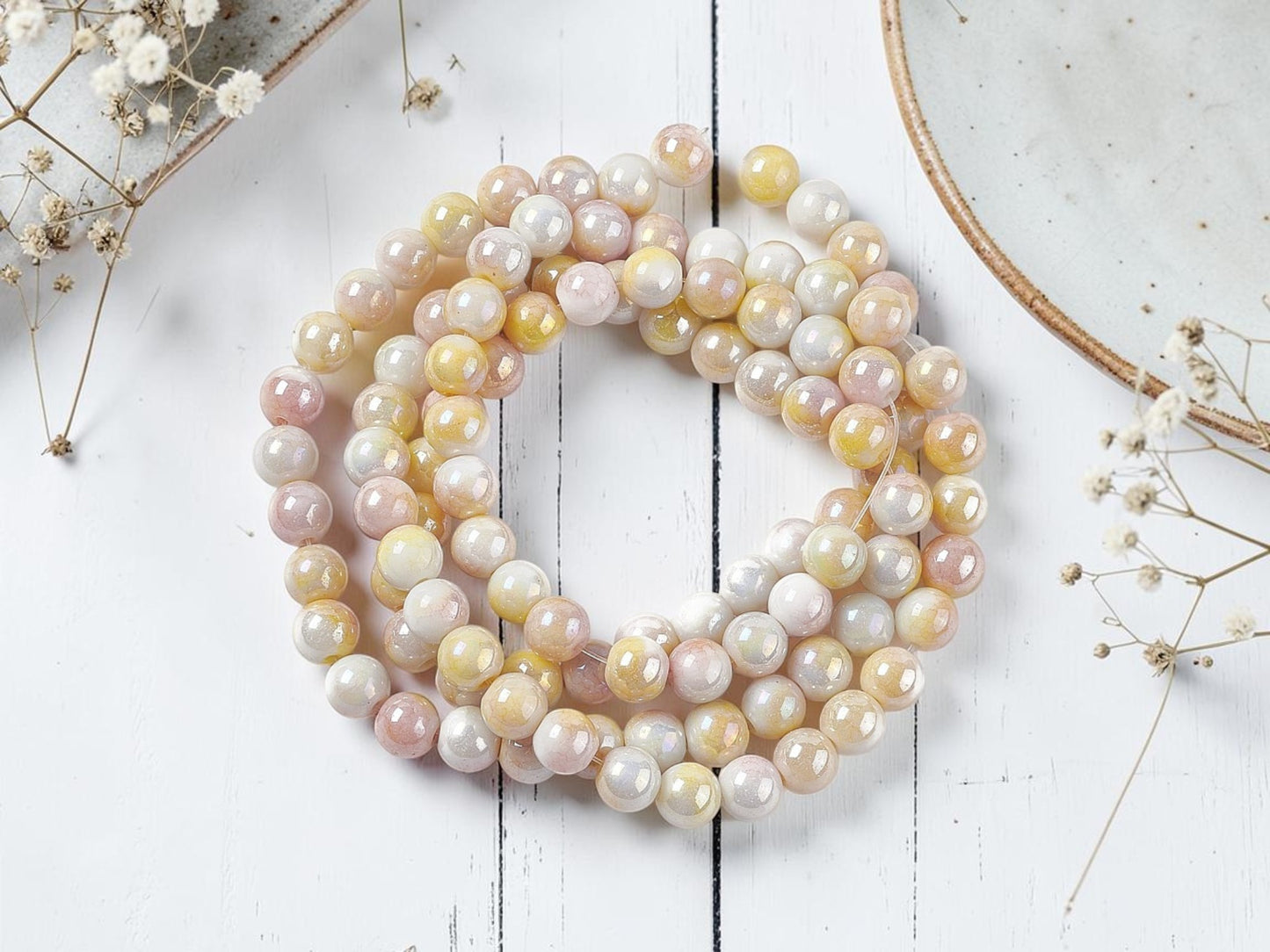 8mm Electroplated Butter Cream Luster Mix Round Beads (30" Strand)