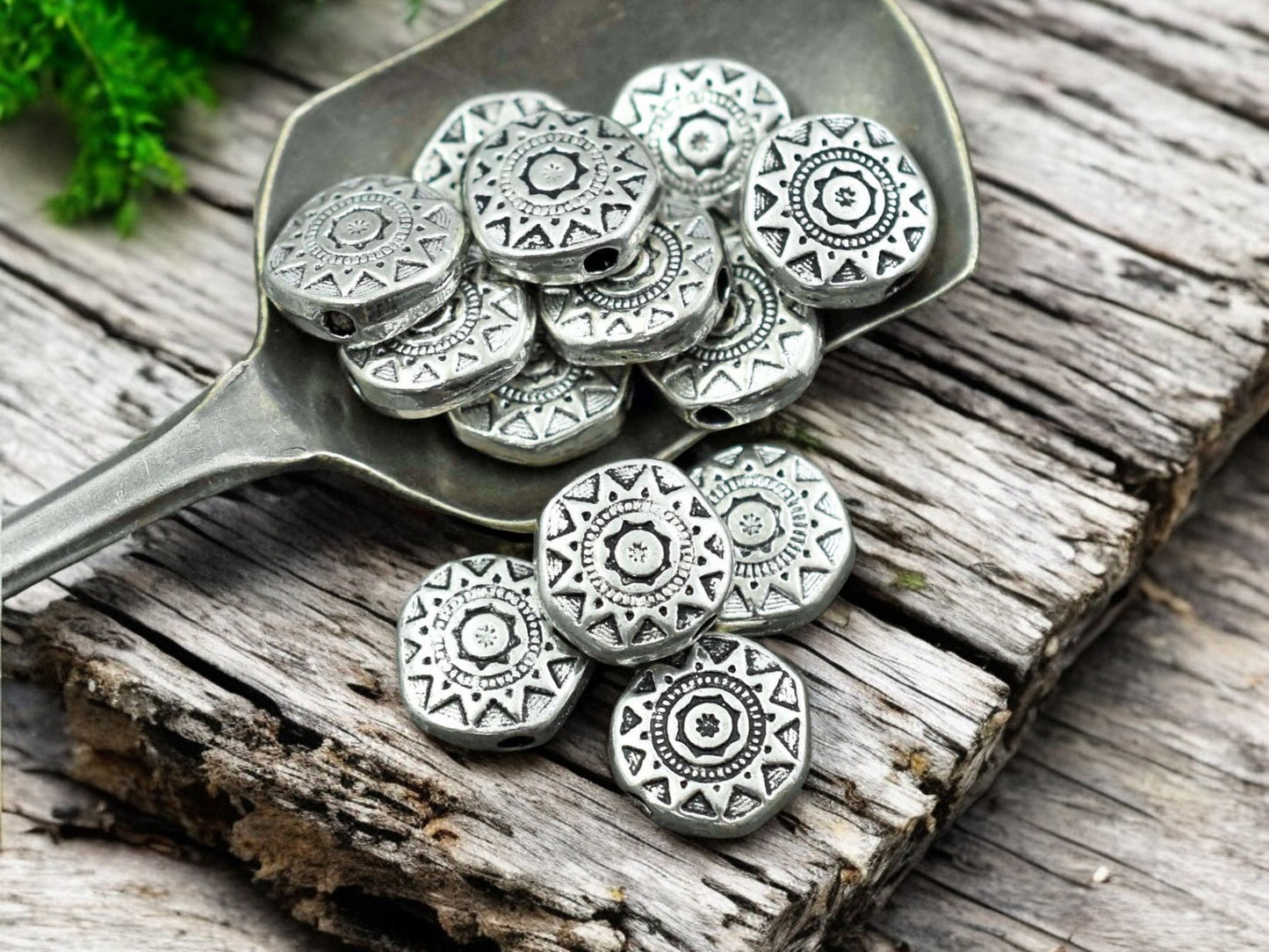 *25* 13mm Antique Silver Aztec Sun Coin Beads