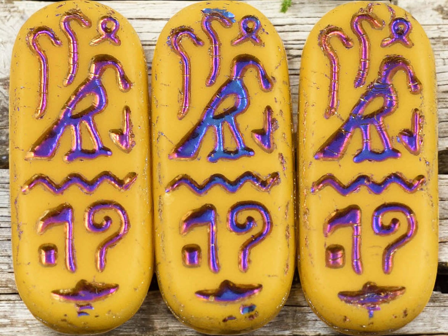 *6* 25x10mm Matte Opaque Sunflower Rainbow Metallic Egyptian Cartouche Oval Beads