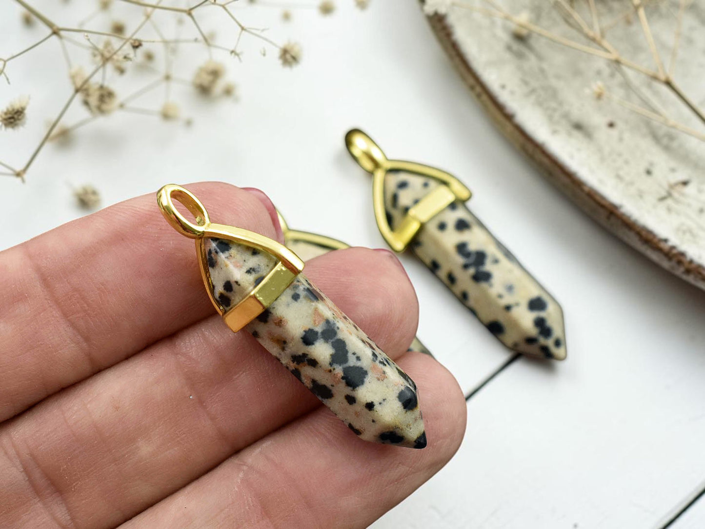 40mm Gold Tone Natural Dalmation Jasper Double Terminated Bullet Pendant