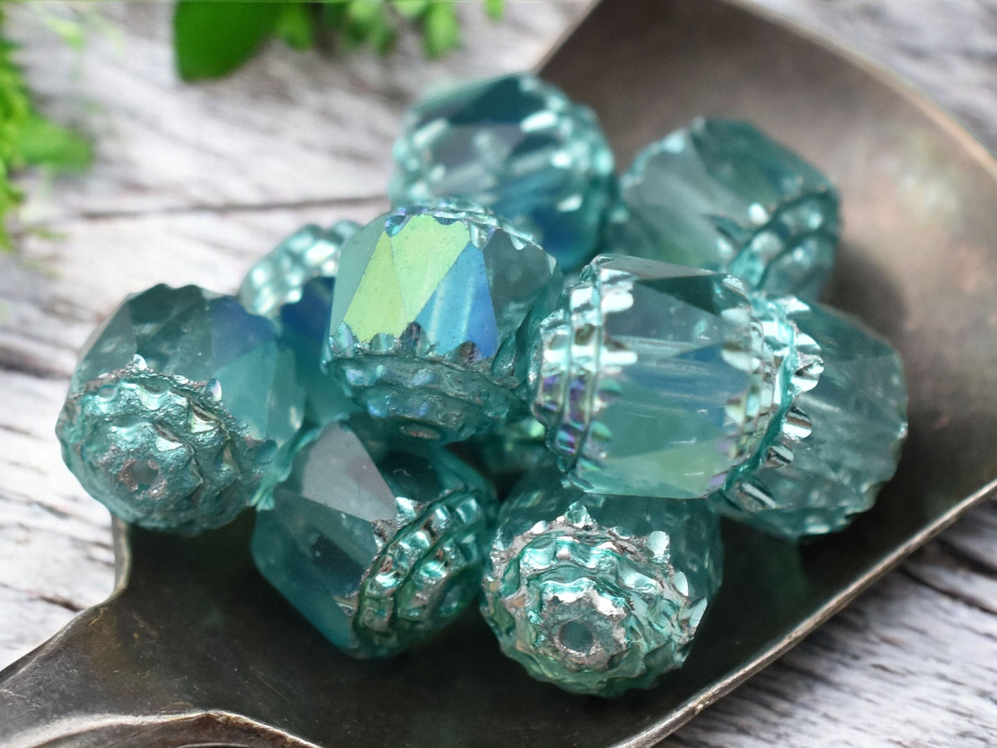 Silver Washed Teal Apollo AB Fire Polished Cathedral Beads