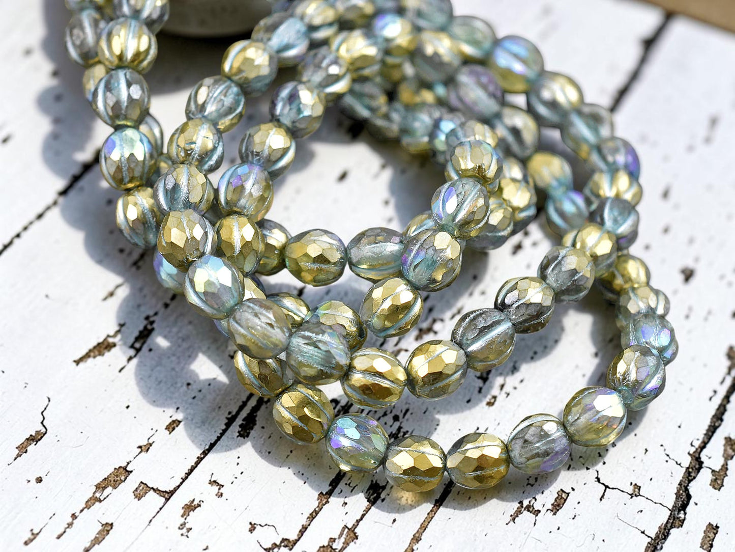 *25* 6mm Turquoise Washed Gold Lustered Crystal Faceted Round Melon Beads