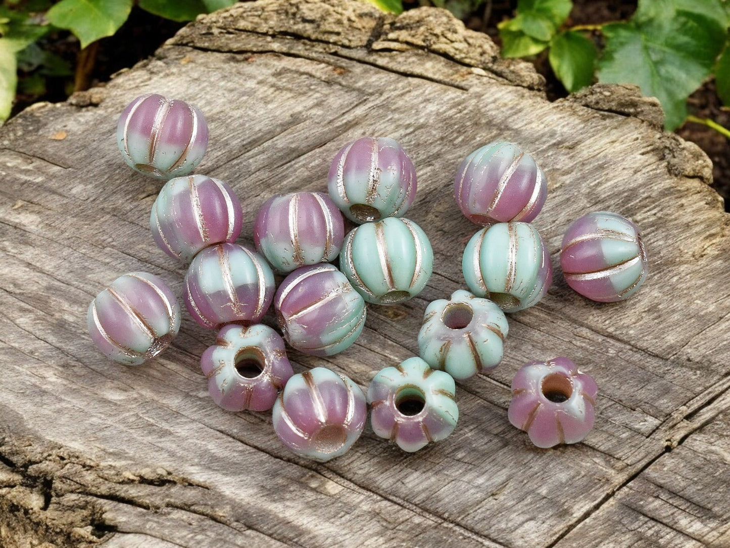 Platinum Washed Dusty Rose & Mint Green Large Hole Melon Beads -- Choose Your Size
