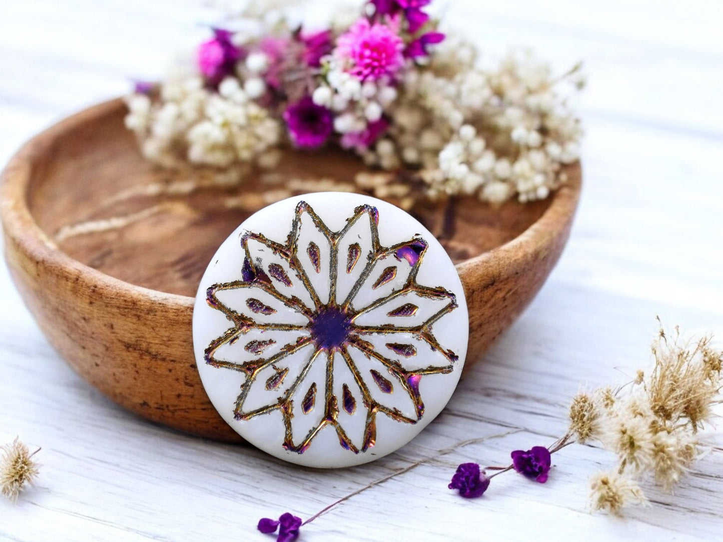 *6* 18mm Matte White Opal Sliperit Star Flower Coin Beads