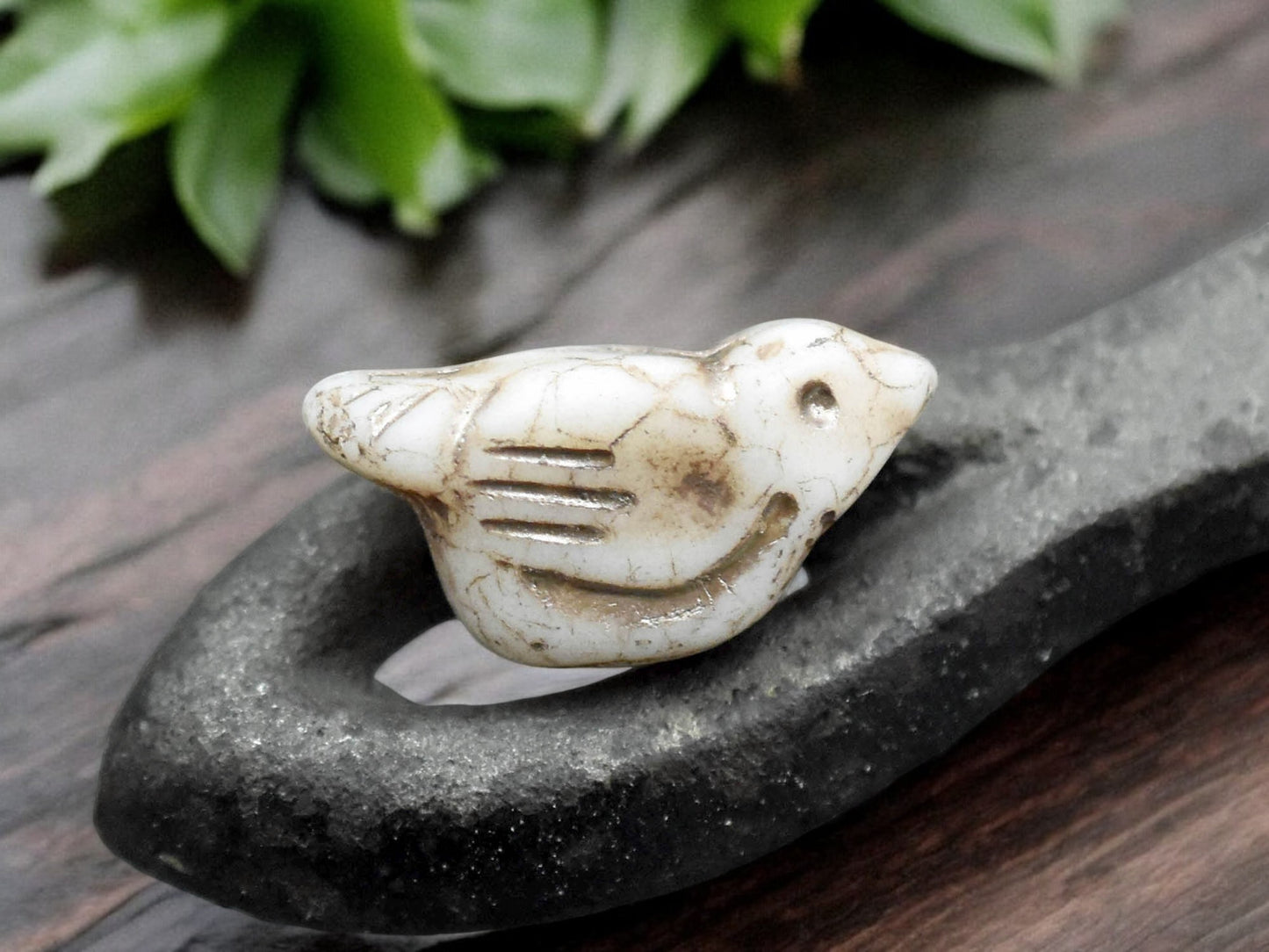 *6* 11x22mm Metallic Beige Washed MatteOpaque Winter White Bird Beads