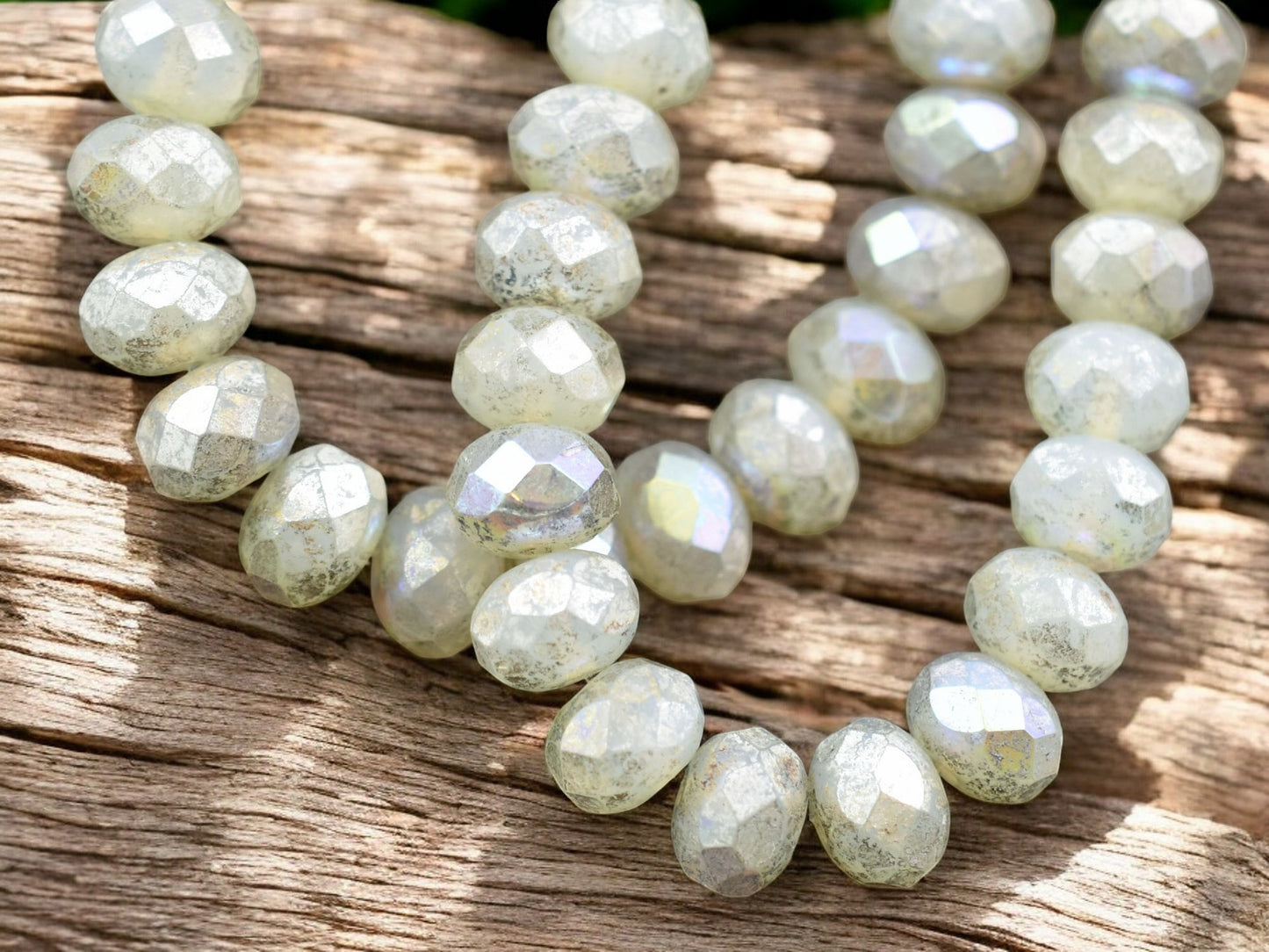 Silver Mercury Washed Ivory Opal AB Fire Polished Rondelle Beads - 3x5mm, 5x7mm or 6x8mm