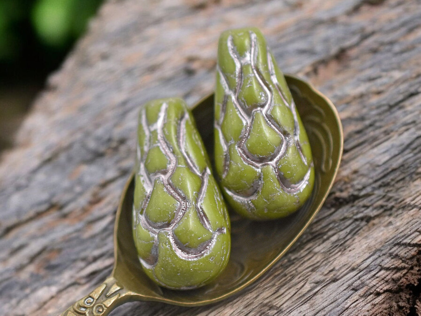 *6* 25x12mm Metallic Pink Washed Opaque Olive Green Mermaid Scale Large Drop Beads