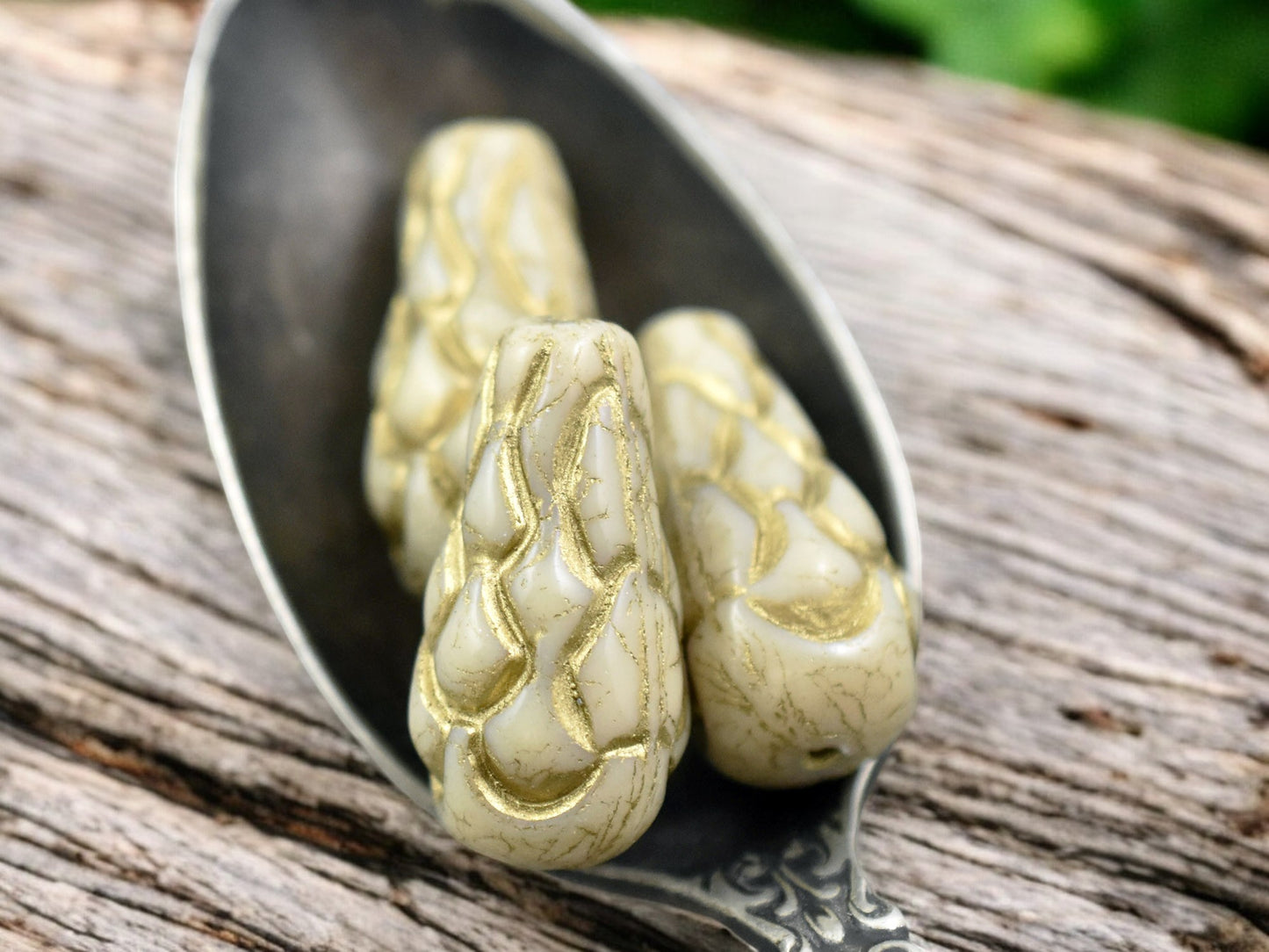 *6* 25x12mm Gold Washed Opaque Beige Mermaid Scale Large Drop Beads