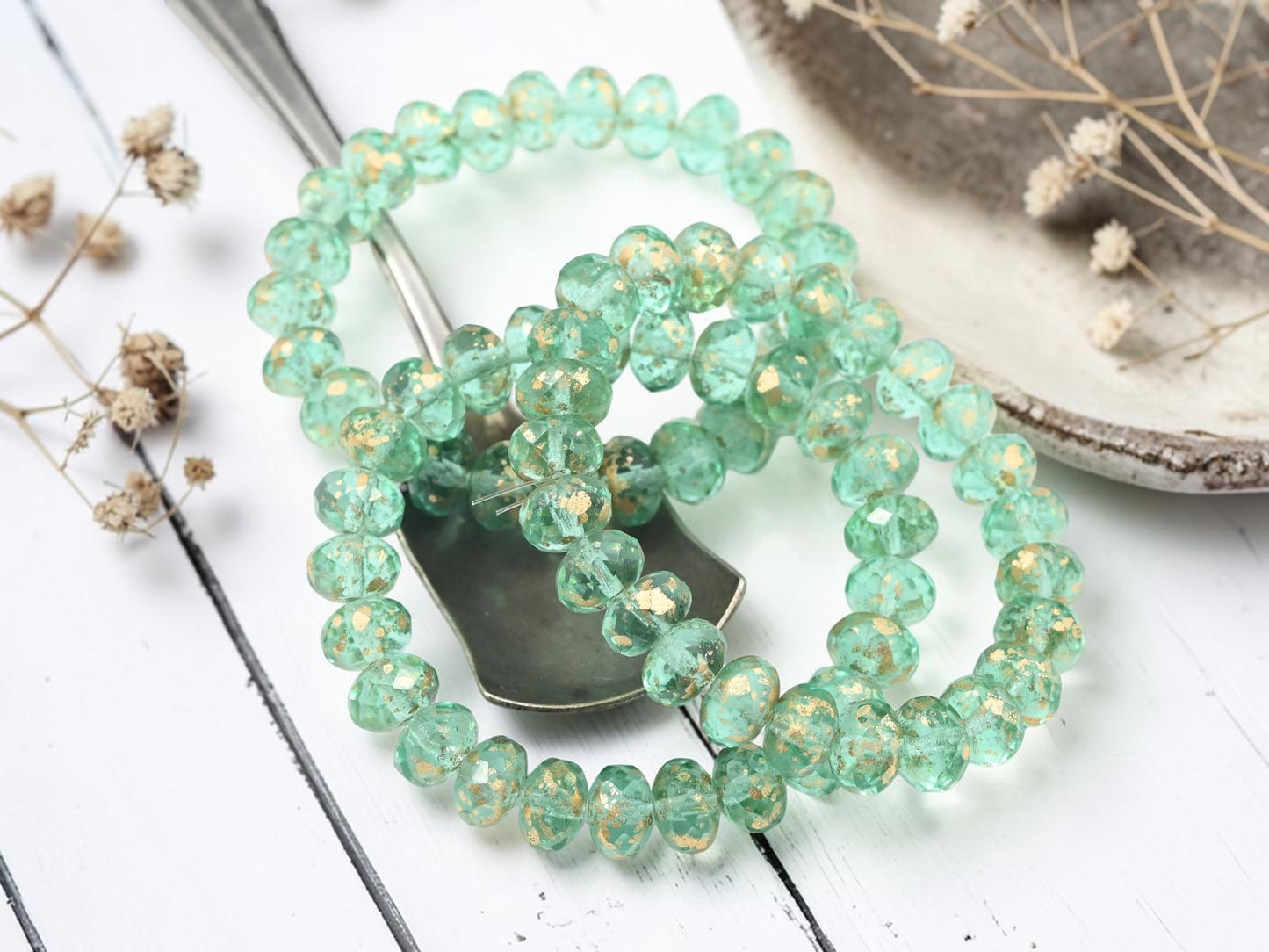 Antique Gold Washed Transparent Green Aqua Fire Polished Rondelle Beads