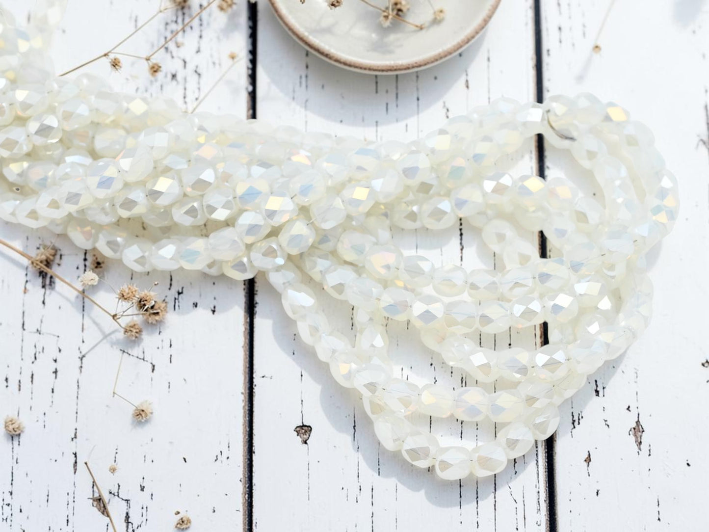 5x6mm Electroplated White Opaline AB Faceted Round Beads (21" Strand)