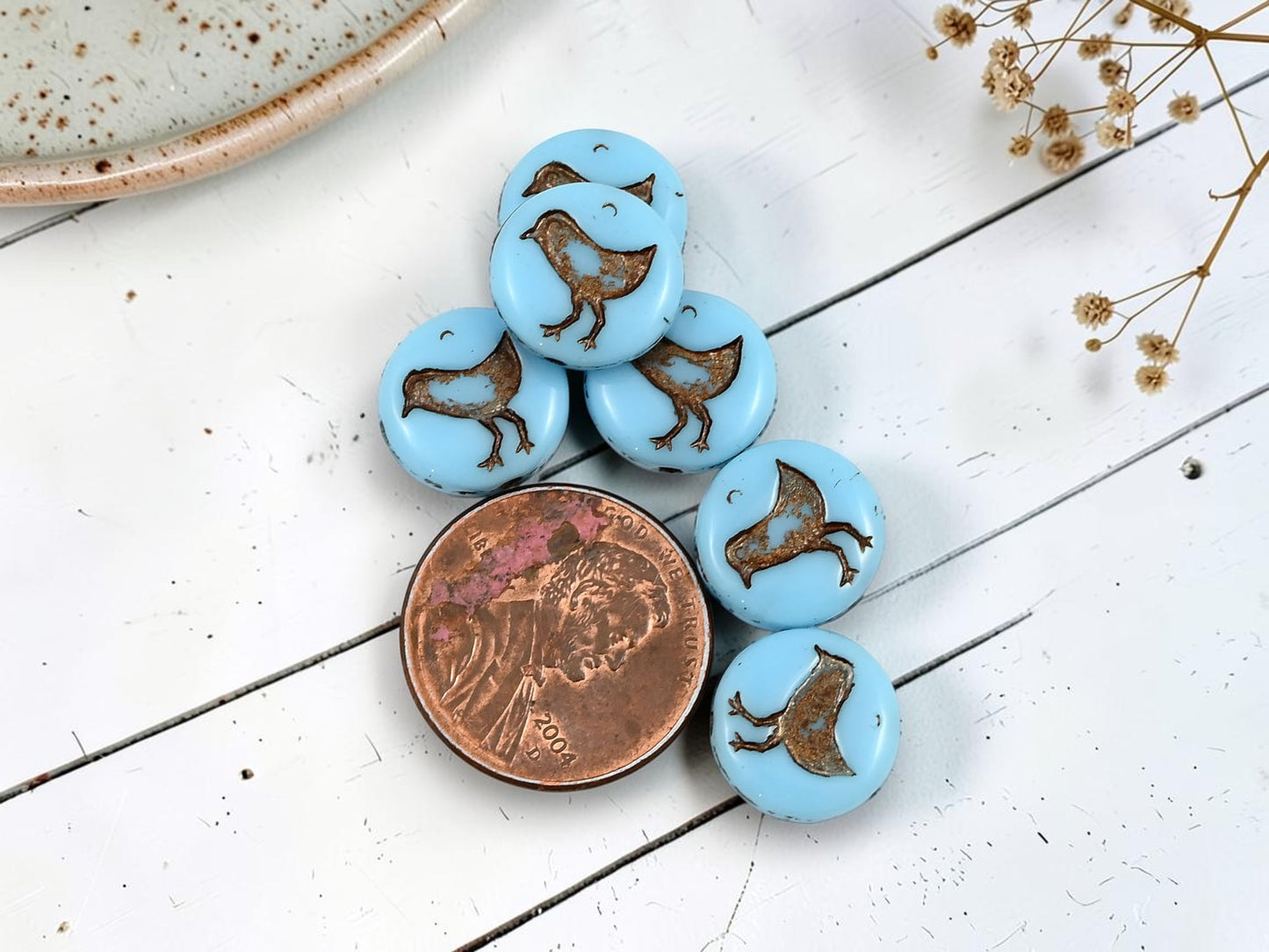 *15* 12mm Bronze Washed Opaque Sky Blue Bird Coin Beads