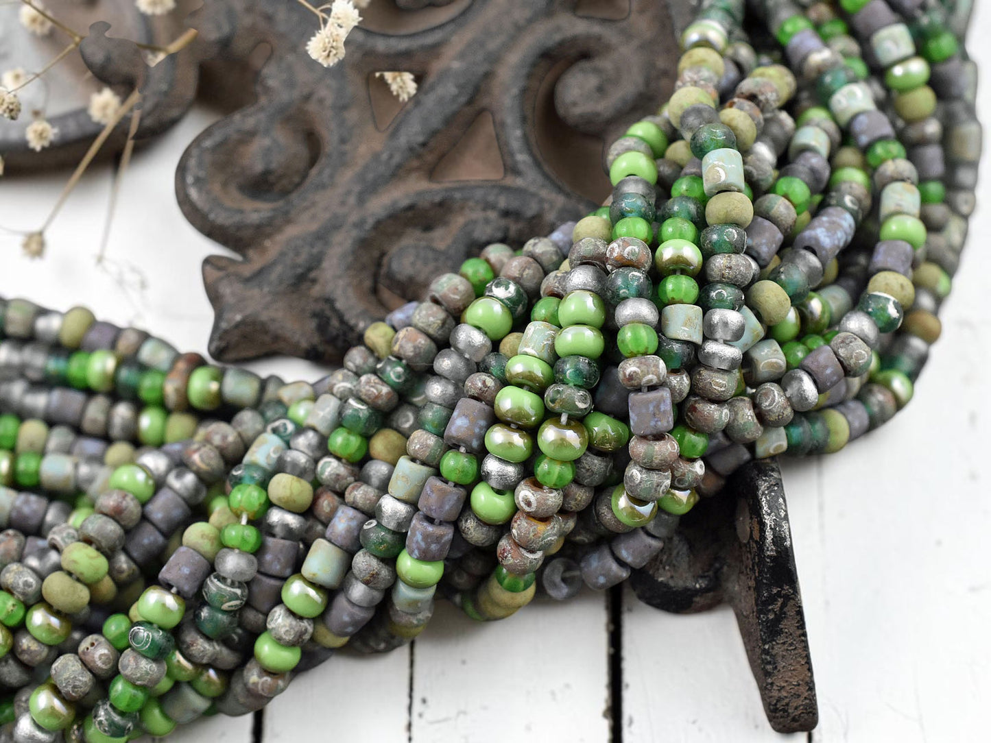 6/0 Aged Matte Green Envy Picasso Seed Bead Tube Mix (20" Strand)