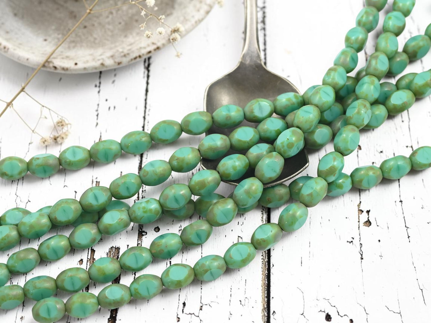 *19* 6x8mm Green Turquoise Picasso Fire Polished Table Cut Oval Beads