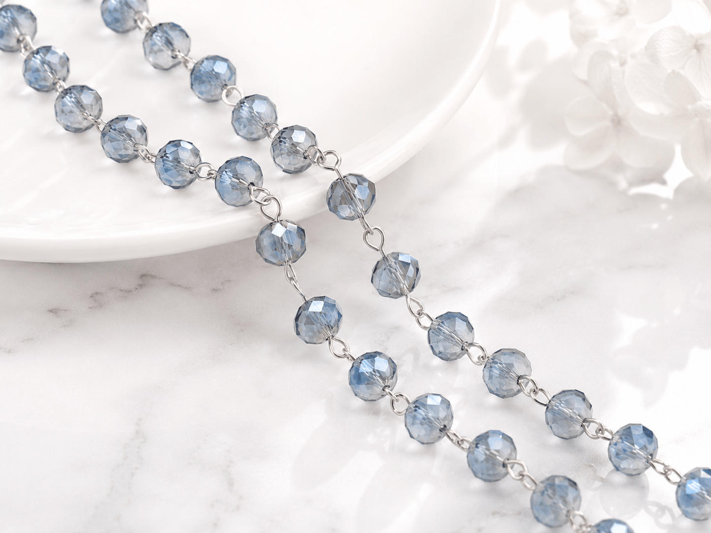 6x8mm Marine Blue Luster Fire Polished Rondelles with Silver Beaded Chain (39.3")