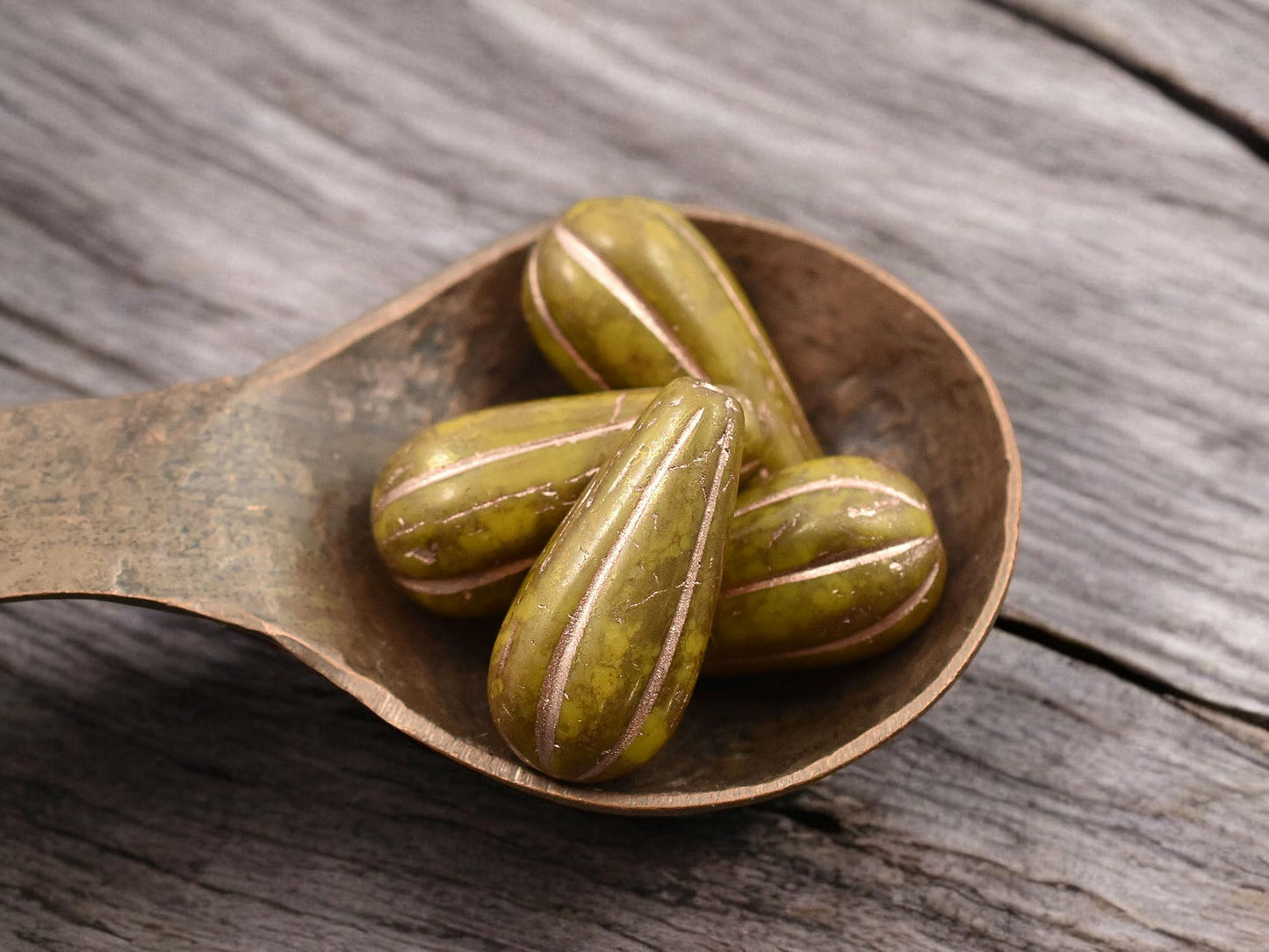 *6* 22x11mm Gold and Copper Washed Spicy Mustard Melon Drop Beads